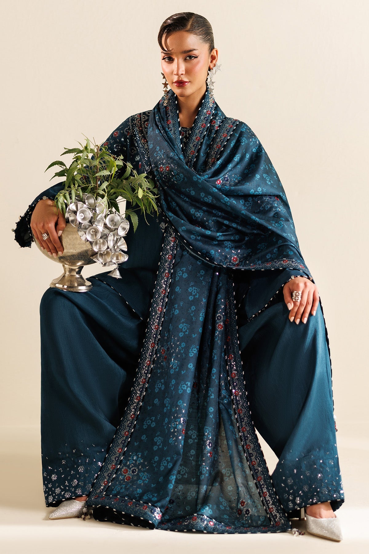 Women Wearing Embroidered Raw Silk UR-7062 Blue Short Shirt for Wedding Events - Pakistani Designer Wear for Women in UK | Kifat