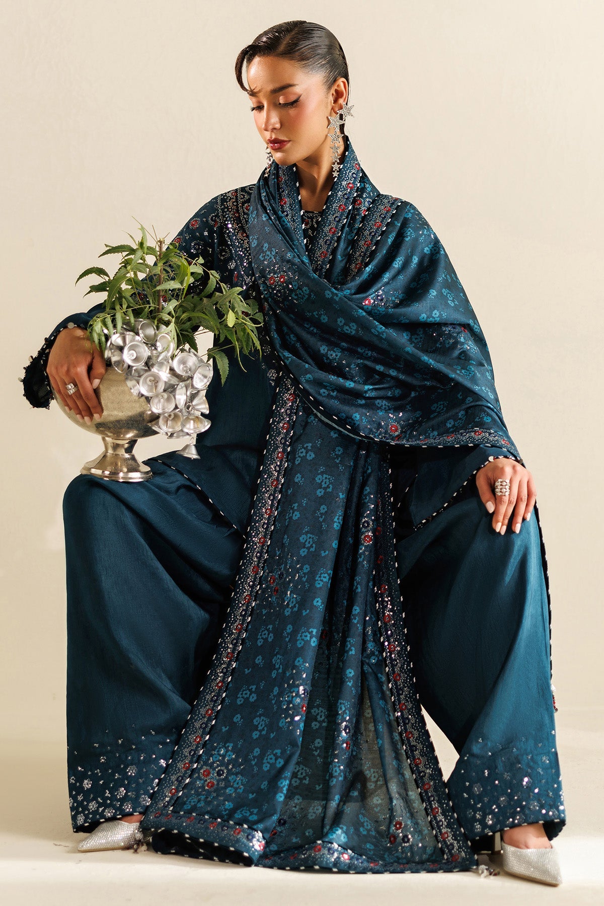 Women Wearing Embroidered Raw Silk UR-7062 Blue Short Shirt for Wedding Events - Pakistani Designer Wear for Women in UK | Kifat