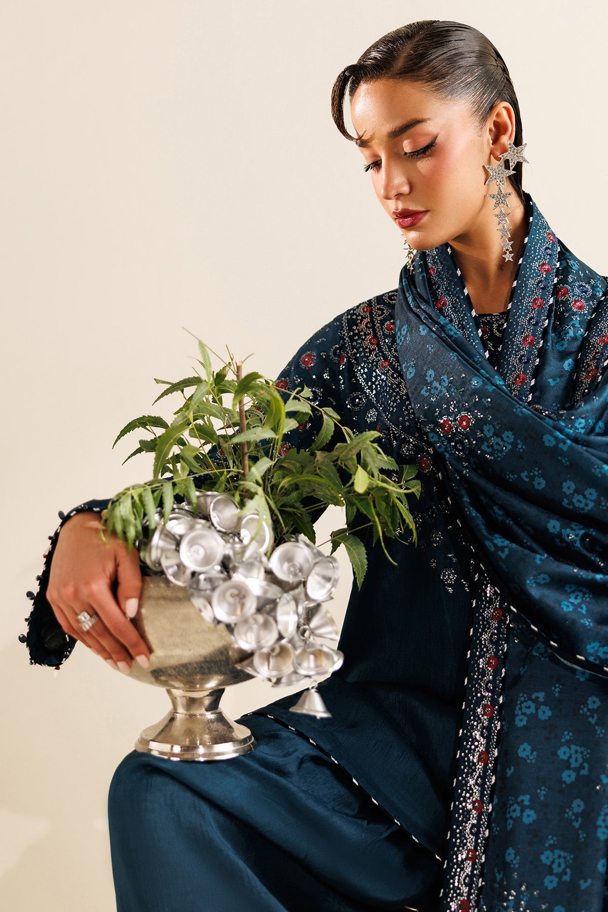 Women Wearing Embroidered Raw Silk UR-7062 Blue Short Shirt for Wedding Events - Pakistani Designer Wear for Women in UK | Kifat