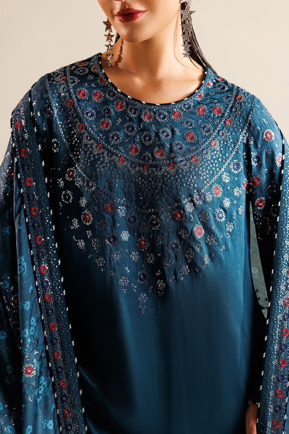 Women Wearing Embroidered Raw Silk UR-7062 Blue Short Shirt for Wedding Events - Pakistani Designer Wear for Women in UK | Kifat