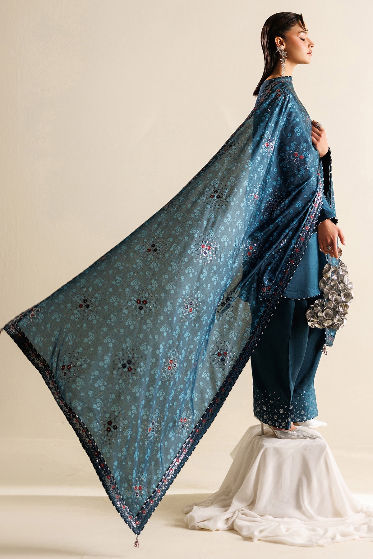 Women Wearing Embroidered Raw Silk UR-7062 Blue Short Shirt for Wedding Events - Pakistani Designer Wear for Women in UK | Kifat