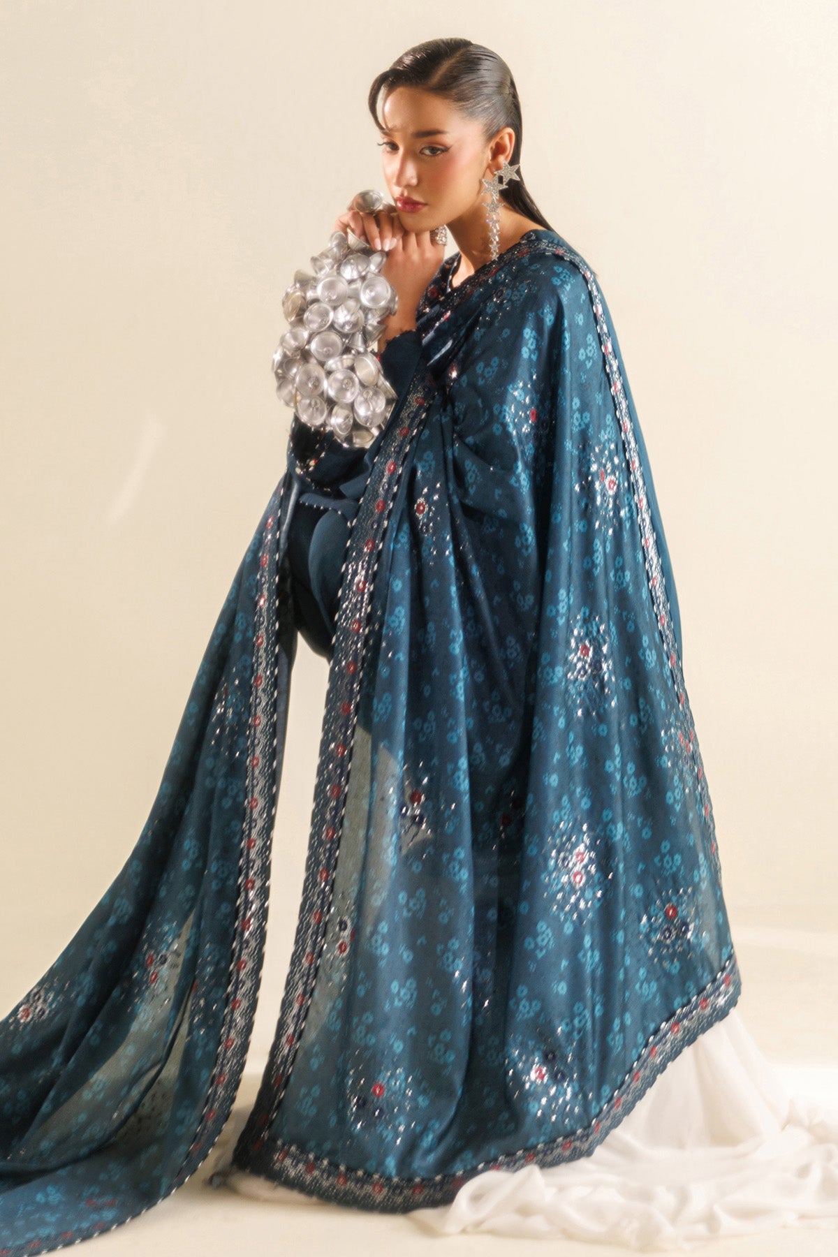 Women Wearing Embroidered Raw Silk UR-7062 Blue Short Shirt for Wedding Events - Pakistani Designer Wear for Women in UK | Kifat