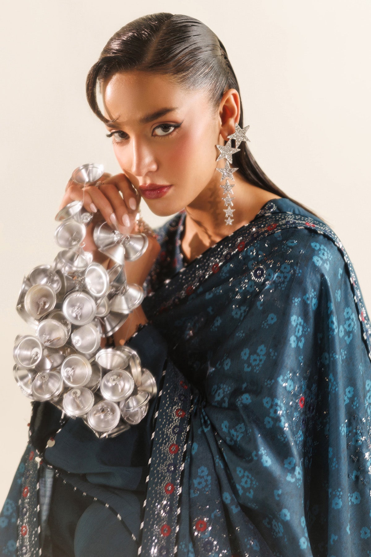 Women Wearing Embroidered Raw Silk UR-7062 Blue Short Shirt for Wedding Events - Pakistani Designer Wear for Women in UK | Kifat