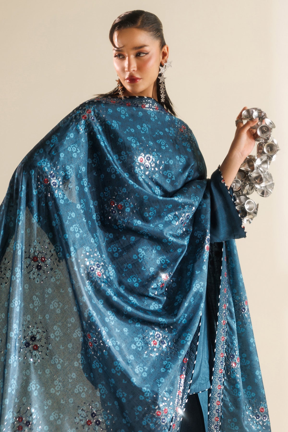 Women Wearing Embroidered Raw Silk UR-7062 Blue Short Shirt for Wedding Events - Pakistani Designer Wear for Women in UK | Kifat