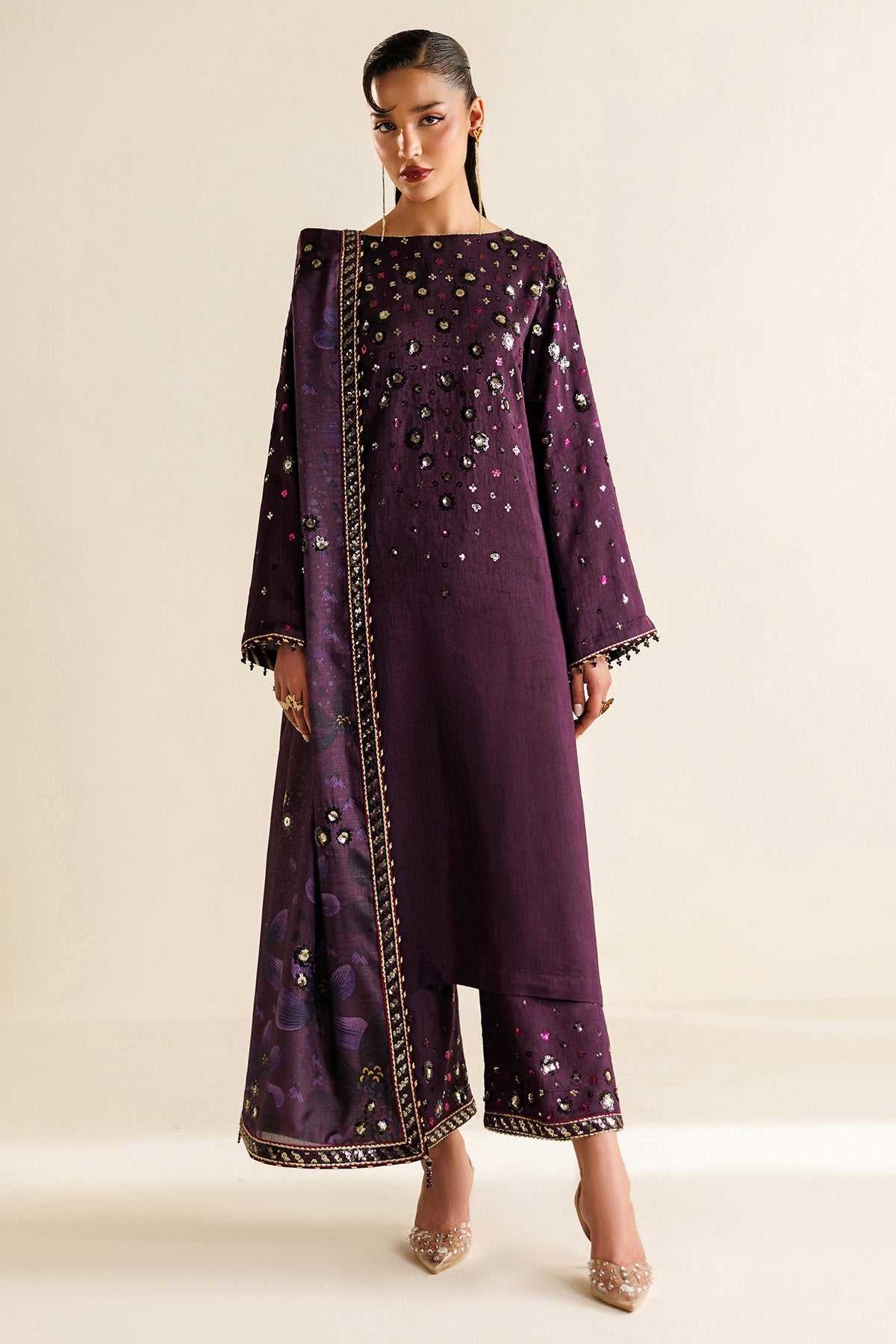 Women Wearing Embroidered Raw Silk UR-7063 Purple Long Shirt for Wedding Events - Pakistani Designer Wear for Women in UK | Kifat