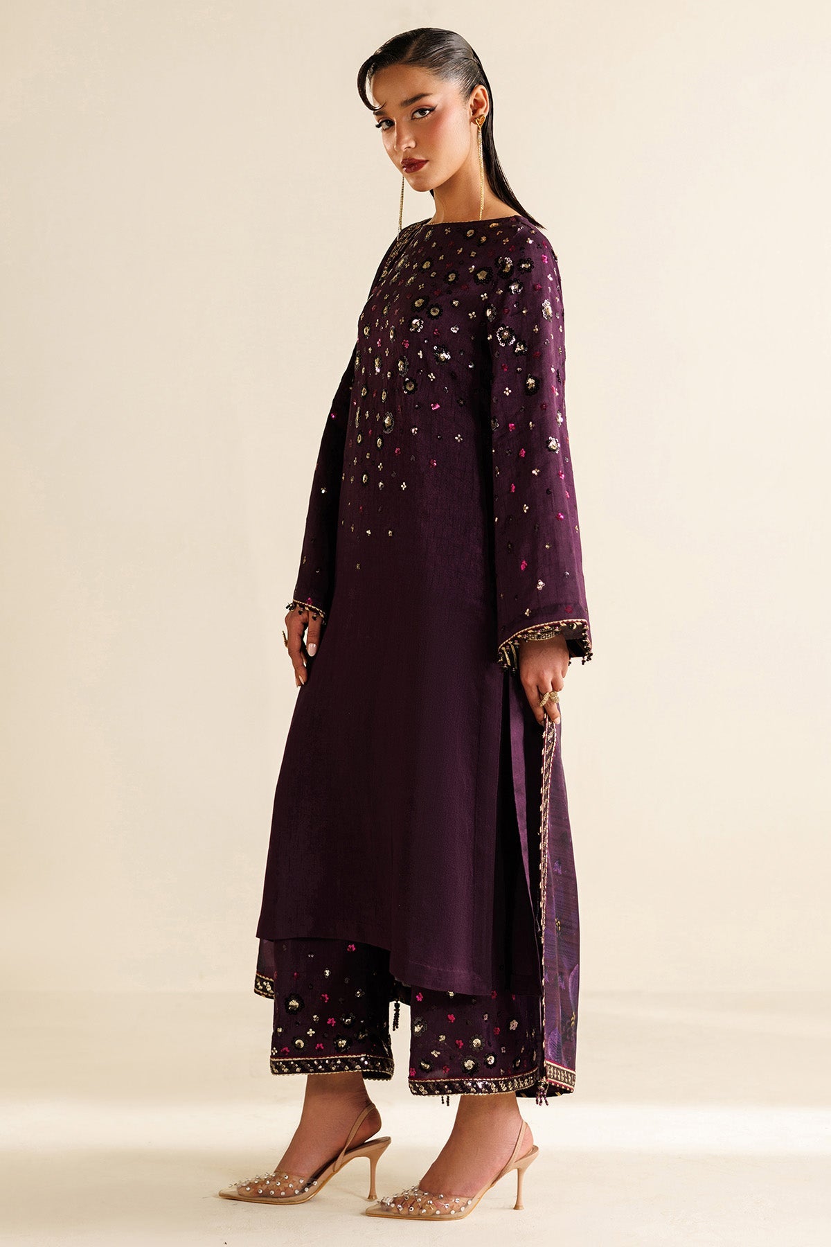 Women Wearing Embroidered Raw Silk UR-7063 Purple Long Shirt for Wedding Events - Pakistani Designer Wear for Women in UK | Kifat