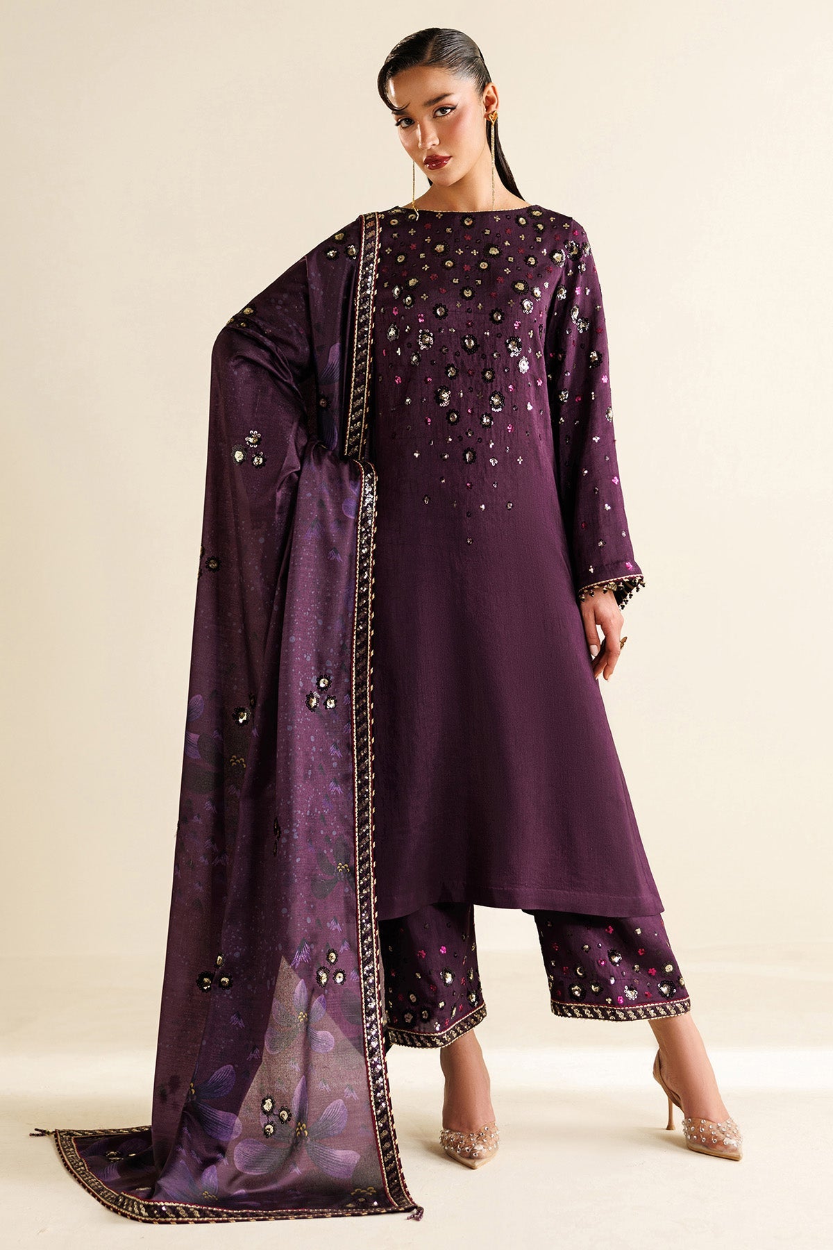 Women Wearing Embroidered Raw Silk UR-7063 Purple Long Shirt for Wedding Events - Pakistani Designer Wear for Women in UK | Kifat