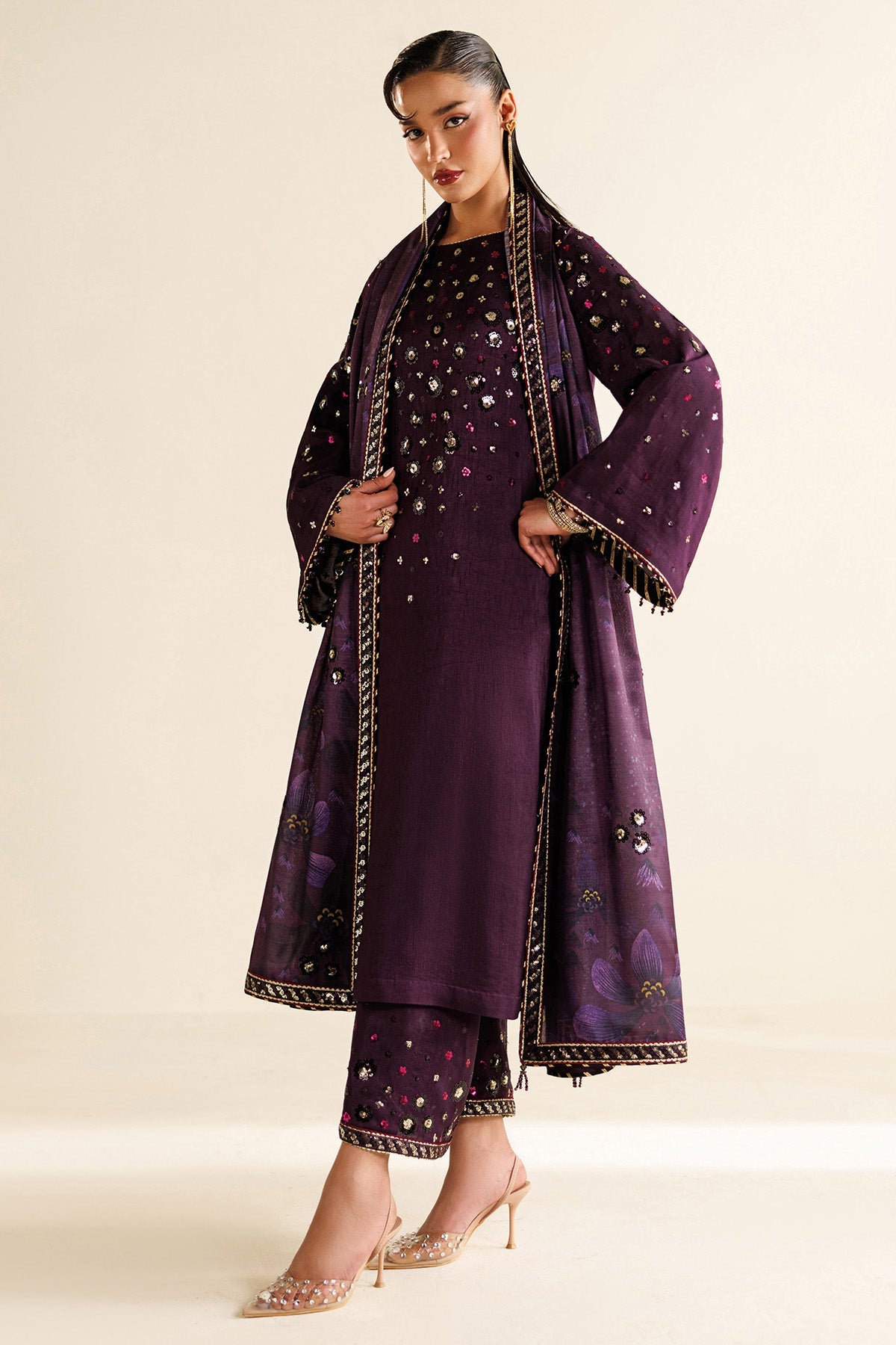 Women Wearing Embroidered Raw Silk UR-7063 Purple Long Shirt for Wedding Events - Pakistani Designer Wear for Women in UK | Kifat