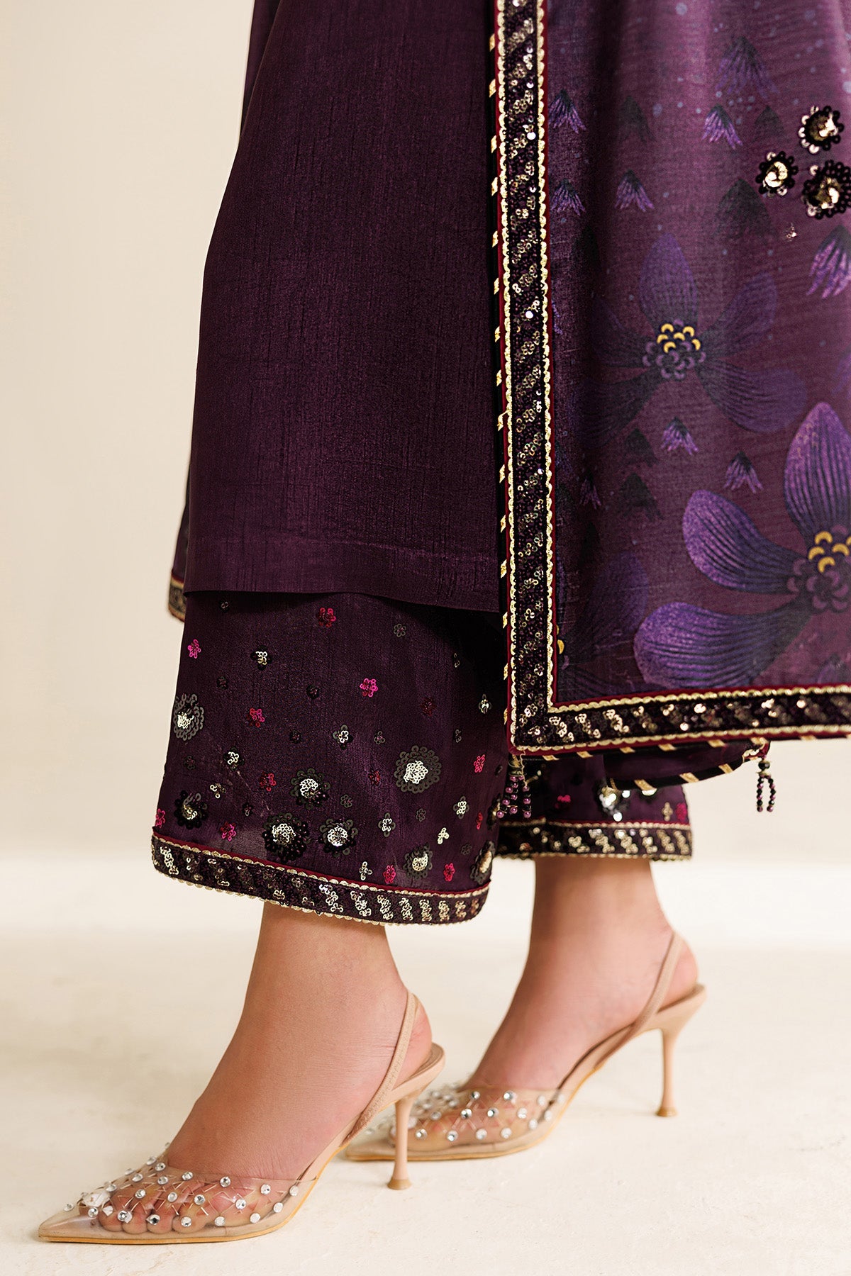 Women Wearing Embroidered Raw Silk UR-7063 Purple Long Shirt for Wedding Events - Pakistani Designer Wear for Women in UK | Kifat