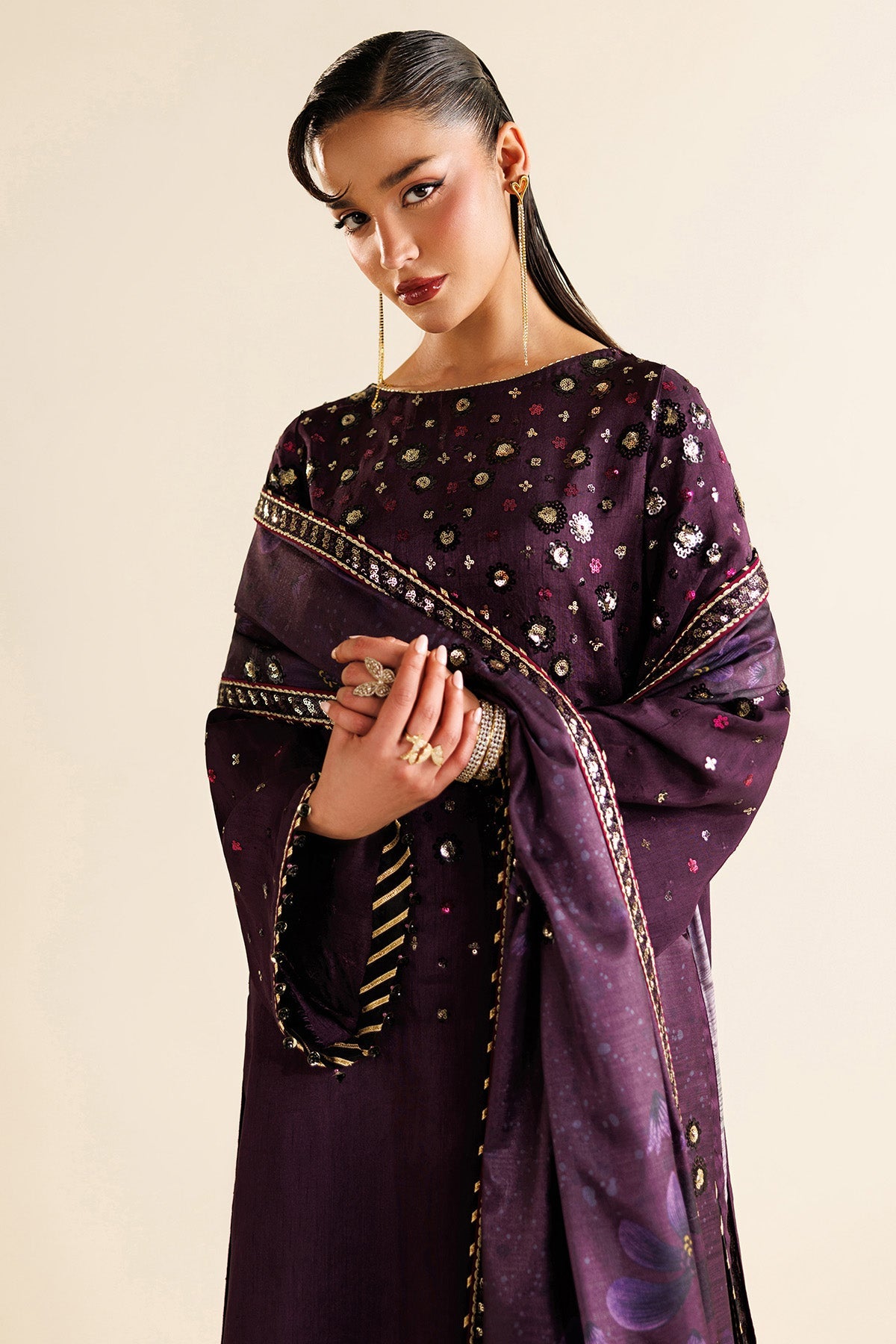 Women Wearing Embroidered Raw Silk UR-7063 Purple Long Shirt for Wedding Events - Pakistani Designer Wear for Women in UK | Kifat