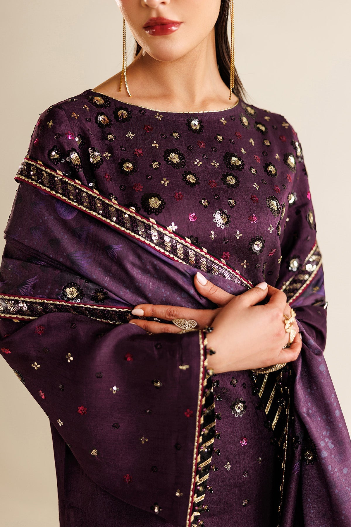 Women Wearing Embroidered Raw Silk UR-7063 Purple Long Shirt for Wedding Events - Pakistani Designer Wear for Women in UK | Kifat