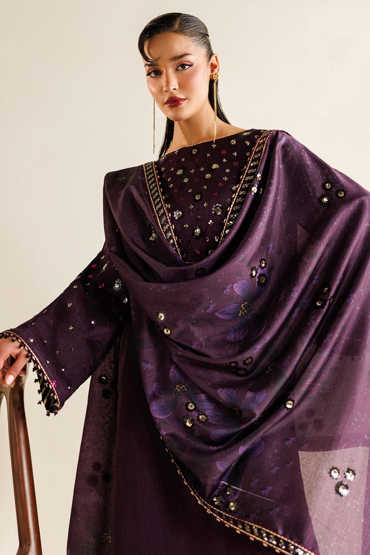 Women Wearing Embroidered Raw Silk UR-7063 Purple Long Shirt for Wedding Events - Pakistani Designer Wear for Women in UK | Kifat
