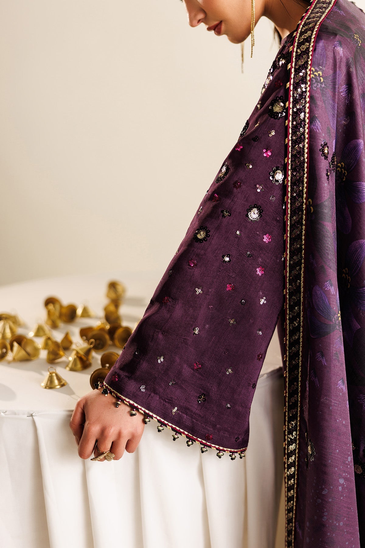 Women Wearing Embroidered Raw Silk UR-7063 Purple Long Shirt for Wedding Events - Pakistani Designer Wear for Women in UK | Kifat