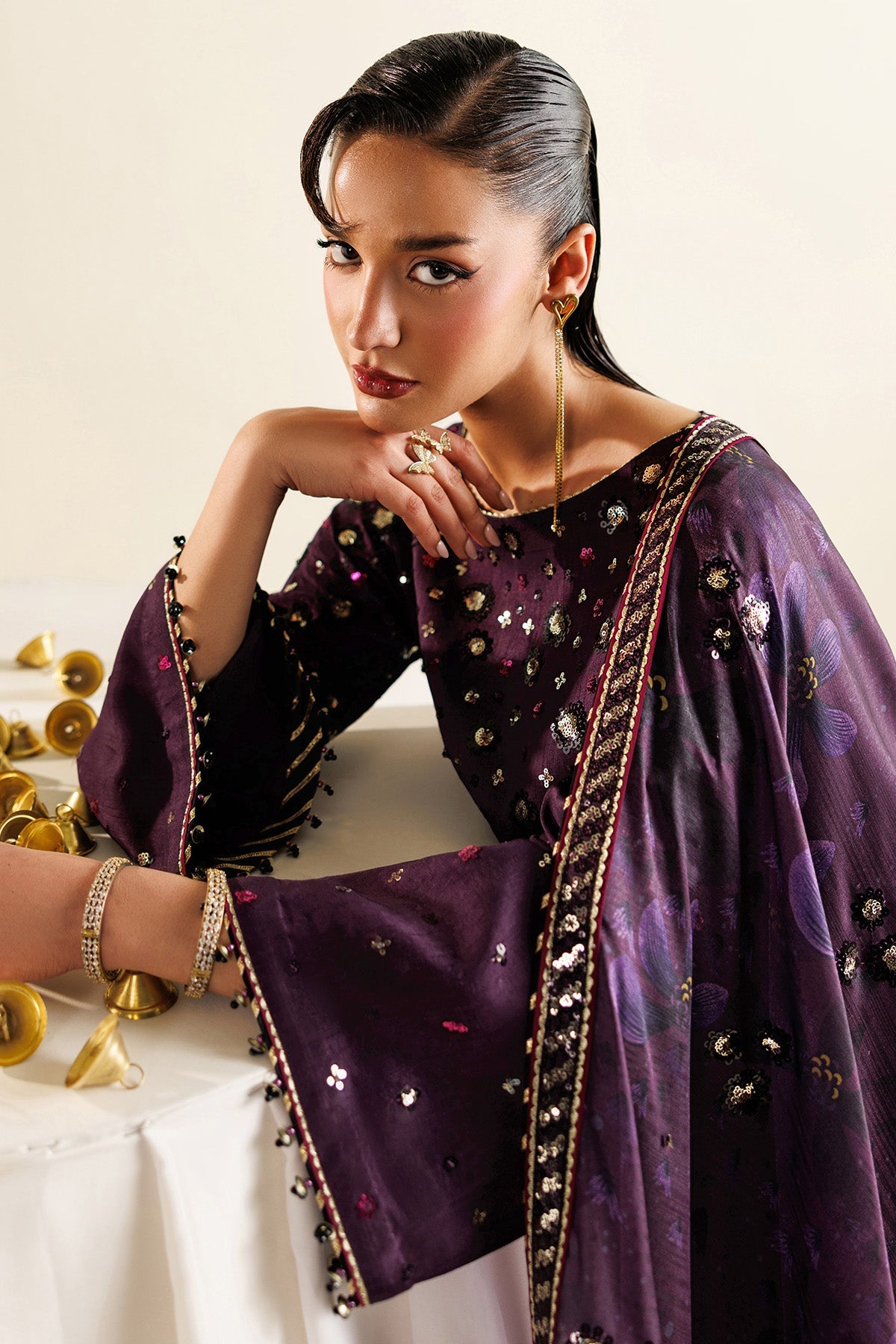 Women Wearing Embroidered Raw Silk UR-7063 Purple Long Shirt for Wedding Events - Pakistani Designer Wear for Women in UK | Kifat