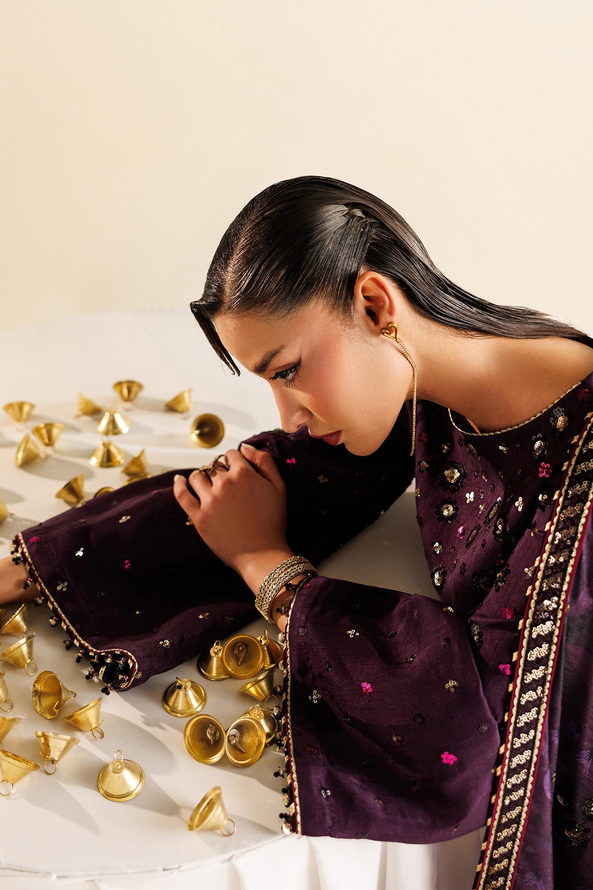 Women Wearing Embroidered Raw Silk UR-7063 Purple Long Shirt for Wedding Events - Pakistani Designer Wear for Women in UK | Kifat