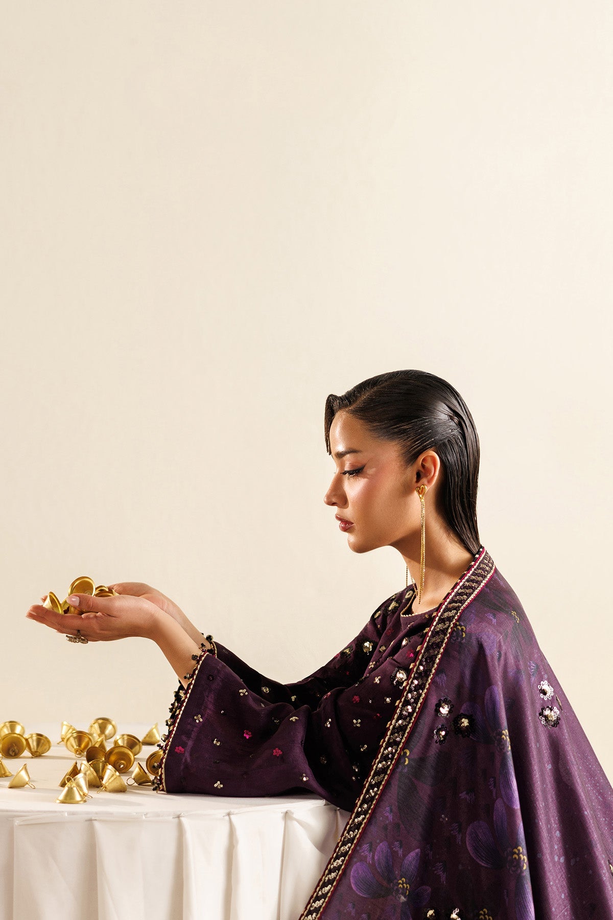 Women Wearing Embroidered Raw Silk UR-7063 Purple Long Shirt for Wedding Events - Pakistani Designer Wear for Women in UK | Kifat