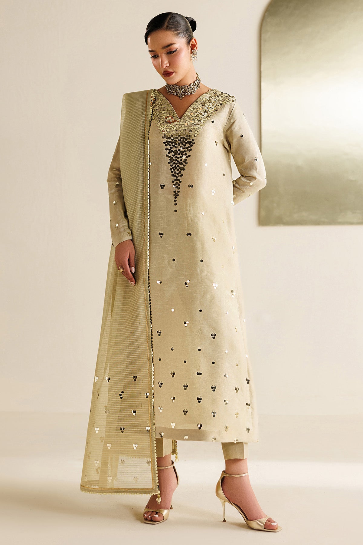 Women Wearing Embroidered Raw Silk UR-7072 Off White Long Shirt for Wedding Events - Pakistani Designer Wear for Women in UK | Kifat