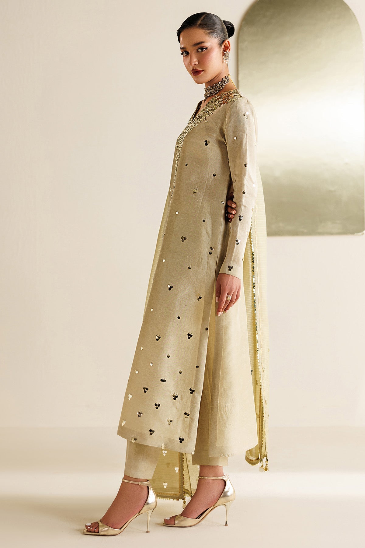 Women Wearing Embroidered Raw Silk UR-7072 Off White Long Shirt for Wedding Events - Pakistani Designer Wear for Women in UK | Kifat