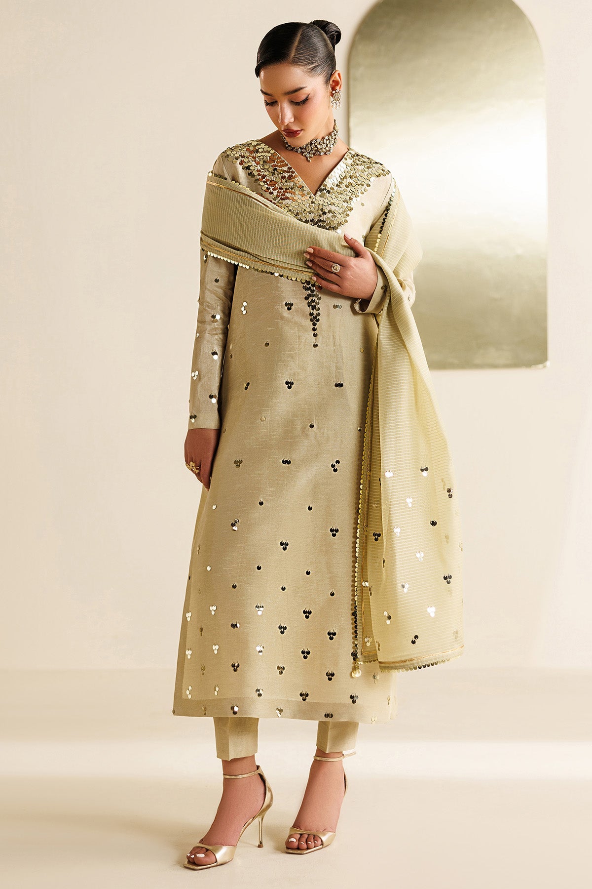 Women Wearing Embroidered Raw Silk UR-7072 Off White Long Shirt for Wedding Events - Pakistani Designer Wear for Women in UK | Kifat
