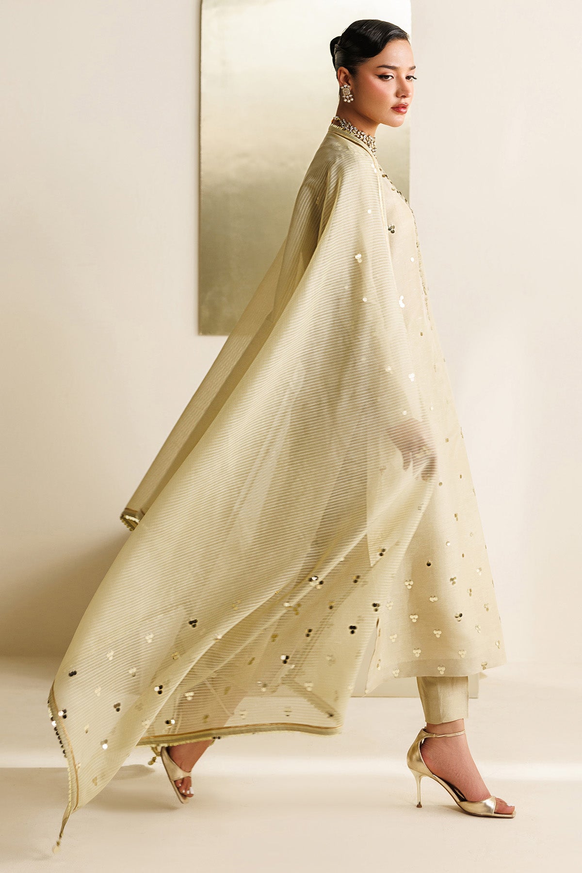 Women Wearing Embroidered Raw Silk UR-7072 Off White Long Shirt for Wedding Events - Pakistani Designer Wear for Women in UK | Kifat