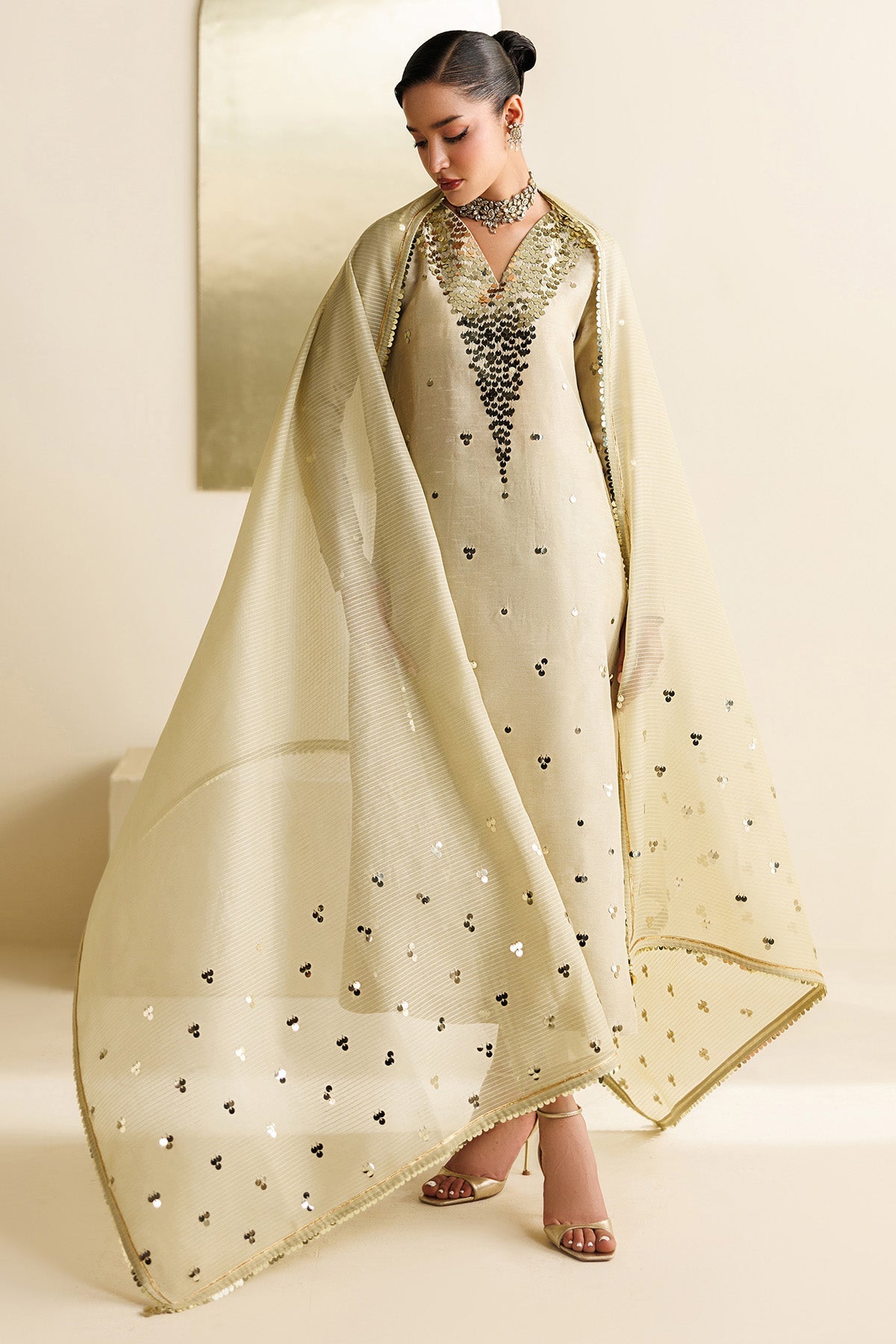 Women Wearing Embroidered Raw Silk UR-7072 Off White Long Shirt for Wedding Events - Pakistani Designer Wear for Women in UK | Kifat