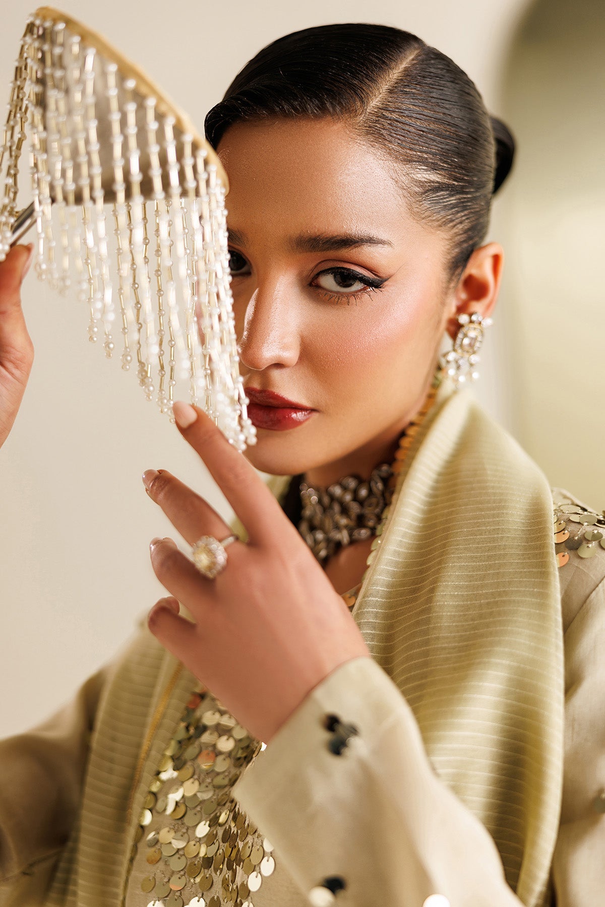 Women Wearing Embroidered Raw Silk UR-7072 Off White Long Shirt for Wedding Events - Pakistani Designer Wear for Women in UK | Kifat