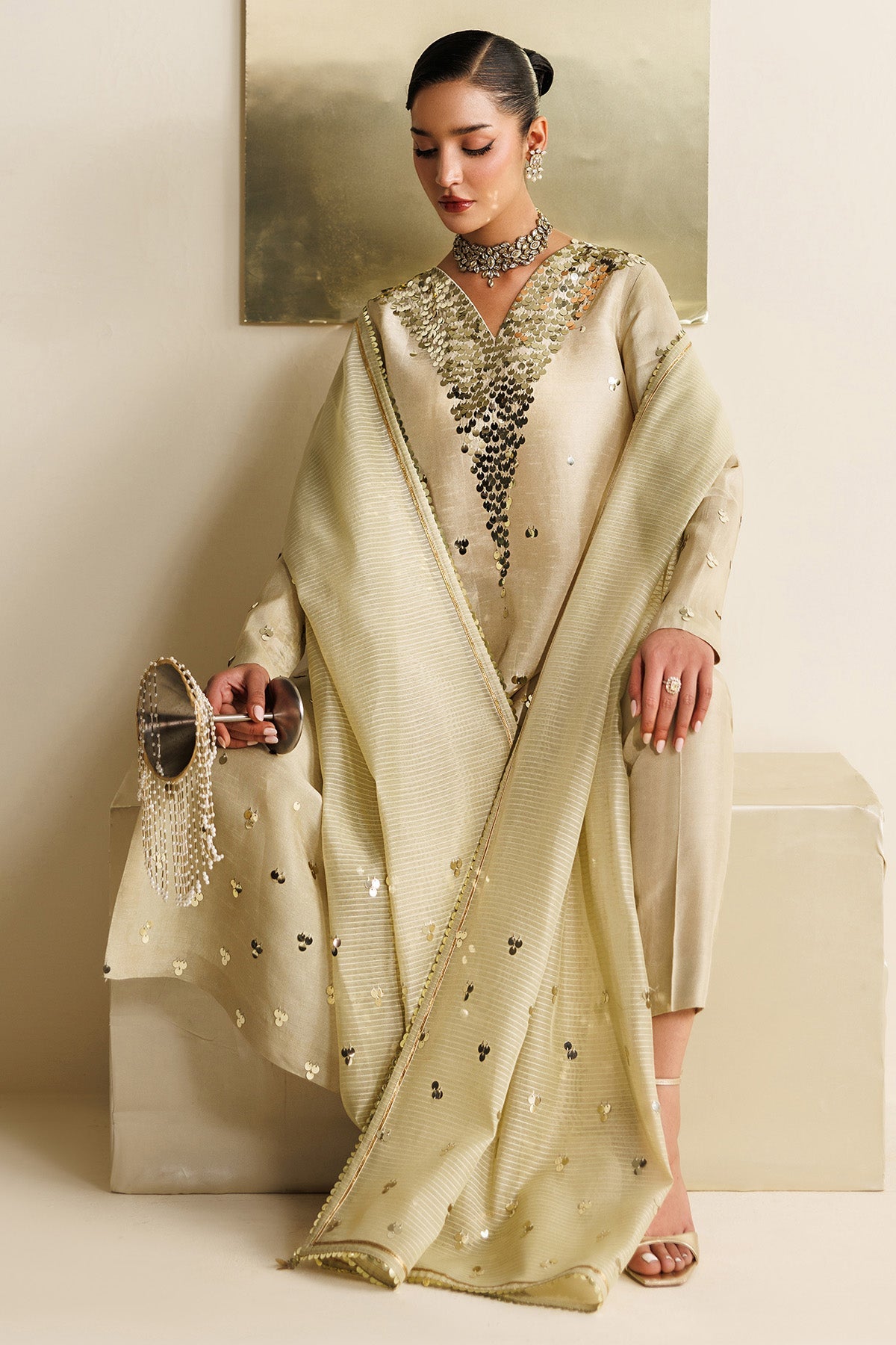 Women Wearing Embroidered Raw Silk UR-7072 Off White Long Shirt for Wedding Events - Pakistani Designer Wear for Women in UK | Kifat
