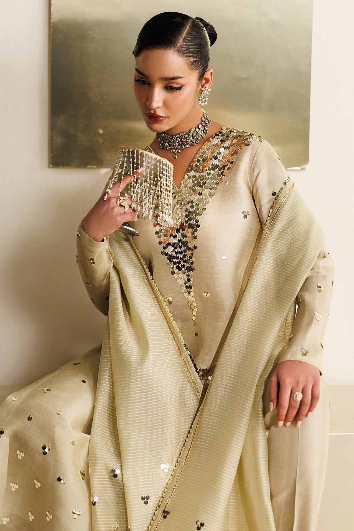 Women Wearing Embroidered Raw Silk UR-7072 Off White Long Shirt for Wedding Events - Pakistani Designer Wear for Women in UK | Kifat