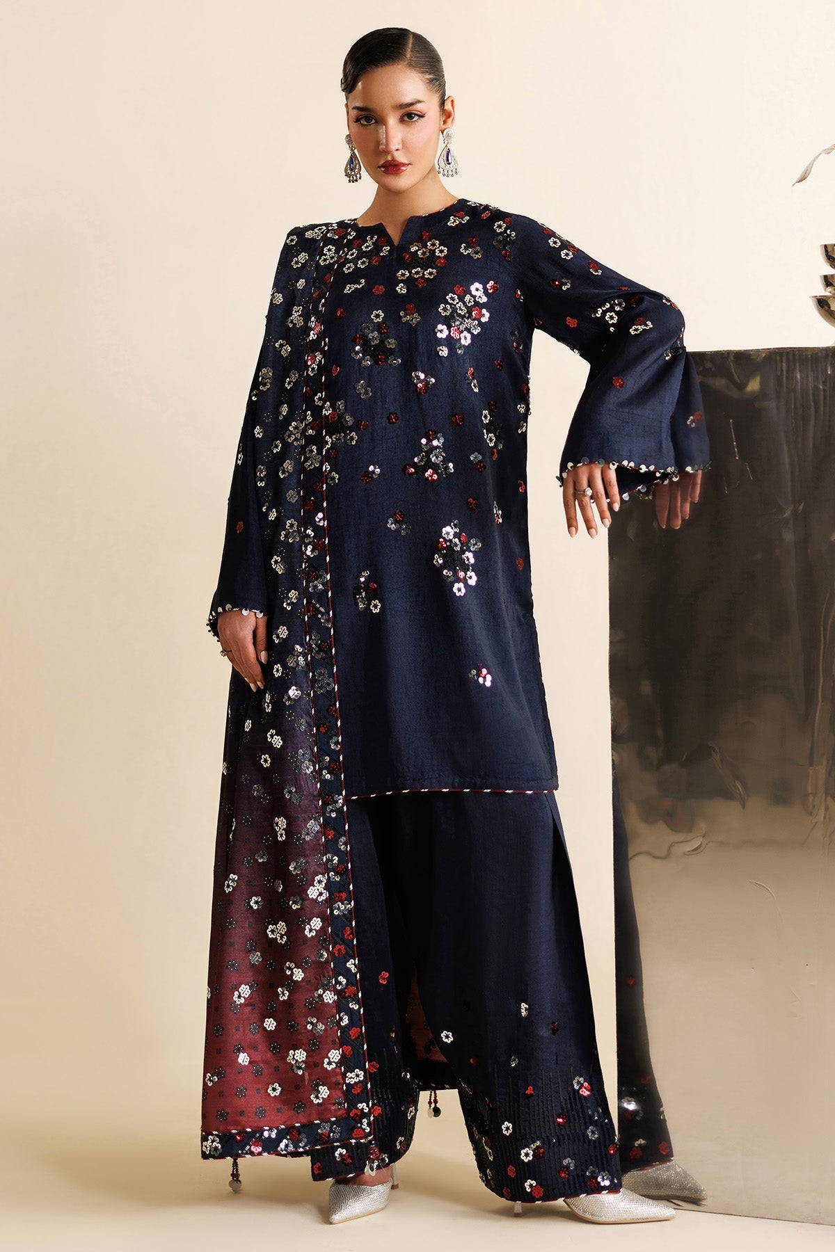 Women Wearing Embroidered Raw Silk UR-7064 Blue Short Shirt for Wedding Events - Pakistani Designer Wear for Women in UK | Kifat
