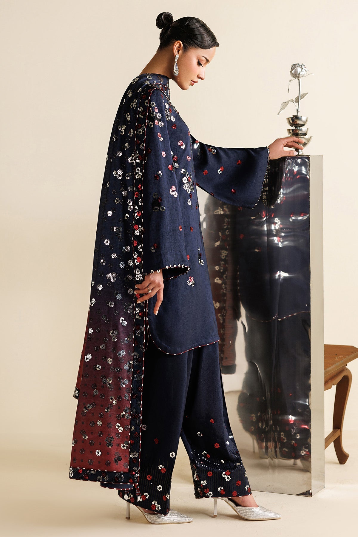 Women Wearing Embroidered Raw Silk UR-7064 Blue Short Shirt for Wedding Events - Pakistani Designer Wear for Women in UK | Kifat