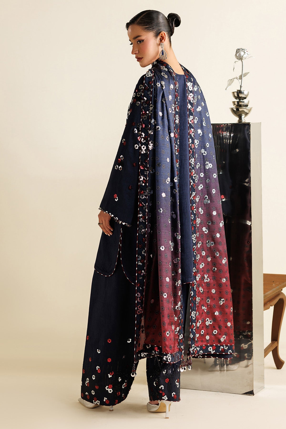 Women Wearing Embroidered Raw Silk UR-7064 Blue Short Shirt for Wedding Events - Pakistani Designer Wear for Women in UK | Kifat