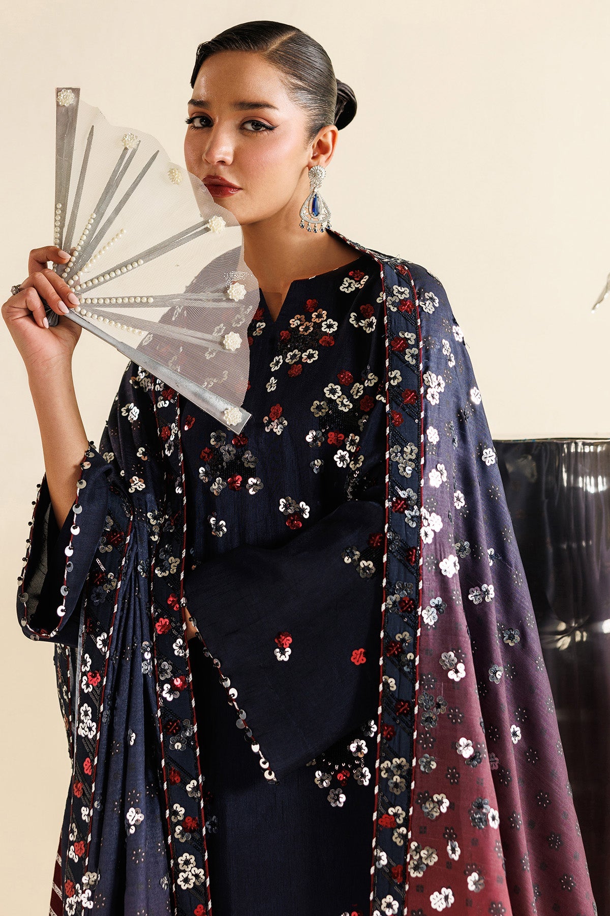 Women Wearing Embroidered Raw Silk UR-7064 Blue Short Shirt for Wedding Events - Pakistani Designer Wear for Women in UK | Kifat