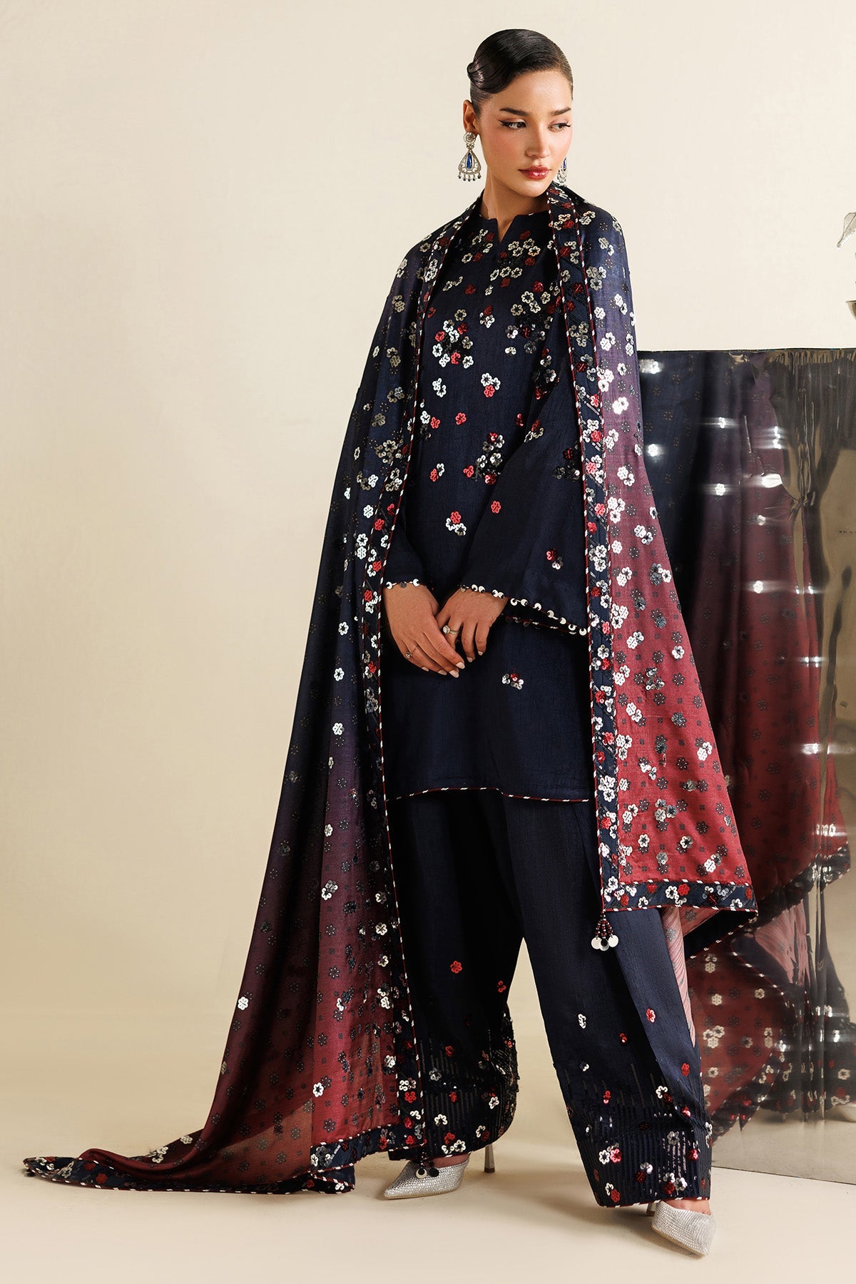 Women Wearing Embroidered Raw Silk UR-7064 Blue Short Shirt for Wedding Events - Pakistani Designer Wear for Women in UK | Kifat