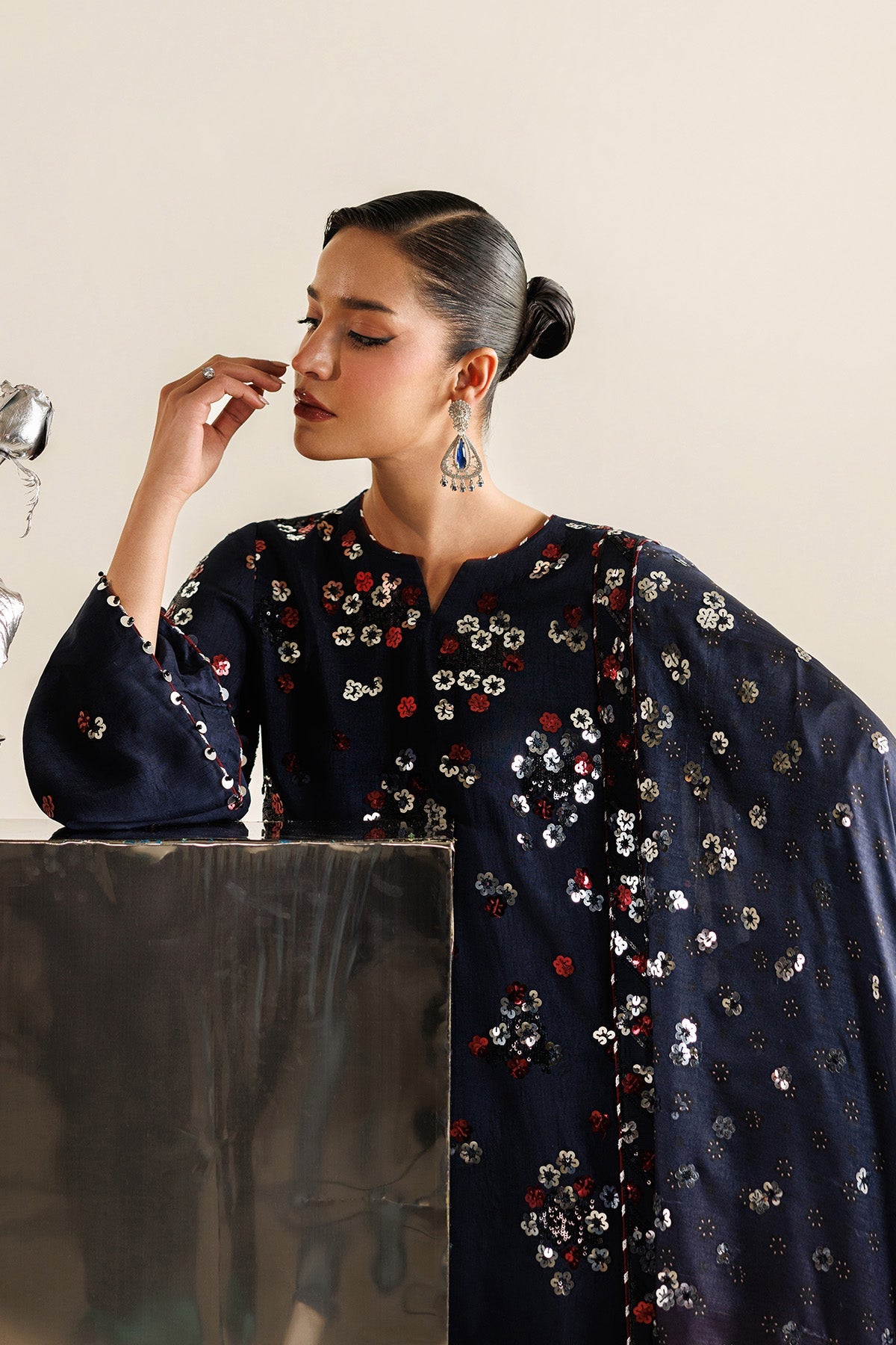 Women Wearing Embroidered Raw Silk UR-7064 Blue Short Shirt for Wedding Events - Pakistani Designer Wear for Women in UK | Kifat
