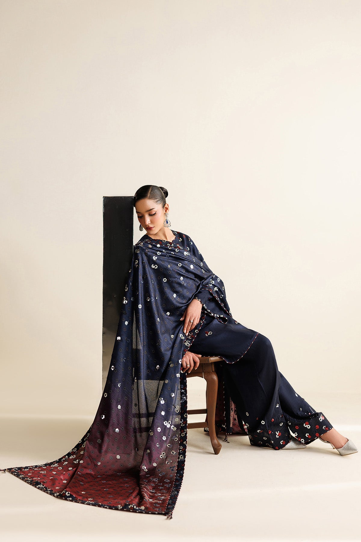 Women Wearing Embroidered Raw Silk UR-7064 Blue Short Shirt for Wedding Events - Pakistani Designer Wear for Women in UK | Kifat