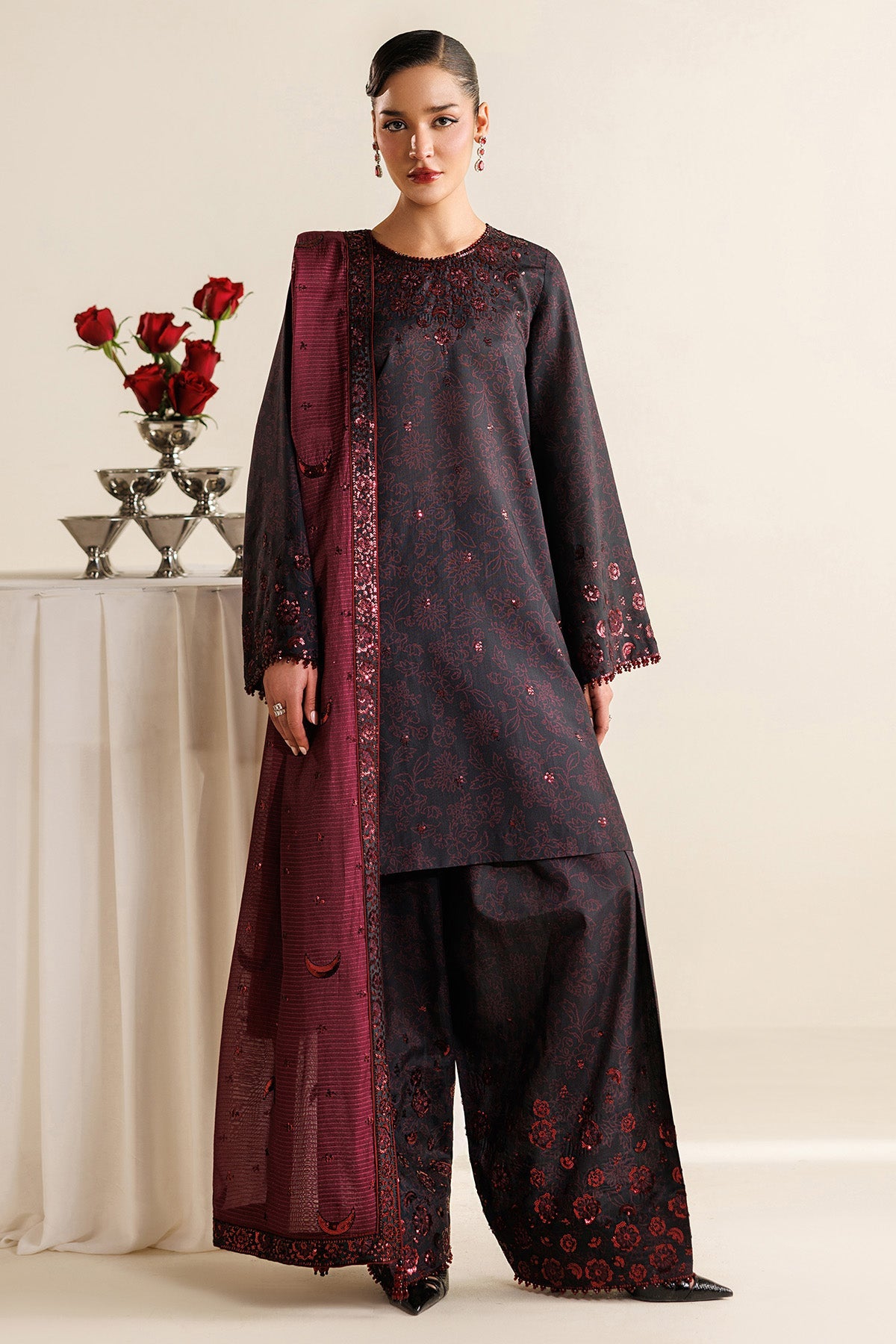Women Wearing Embroidered Raw Silk UR-7068 Plum Short Shirt for Wedding Events - Pakistani Designer Wear for Women in UK | Kifat