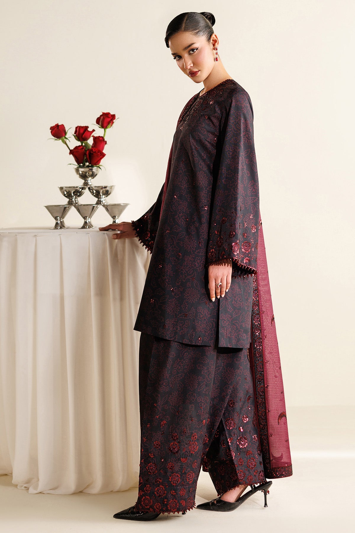 Women Wearing Embroidered Raw Silk UR-7068 Plum Short Shirt for Wedding Events - Pakistani Designer Wear for Women in UK | Kifat