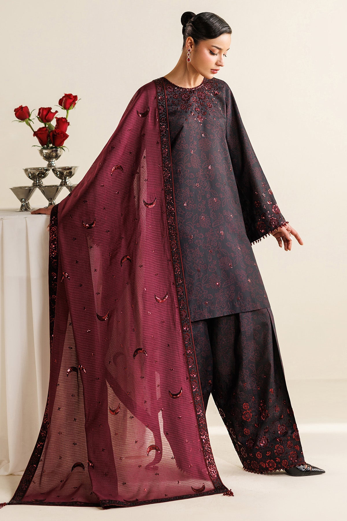Women Wearing Embroidered Raw Silk UR-7068 Plum Short Shirt for Wedding Events - Pakistani Designer Wear for Women in UK | Kifat