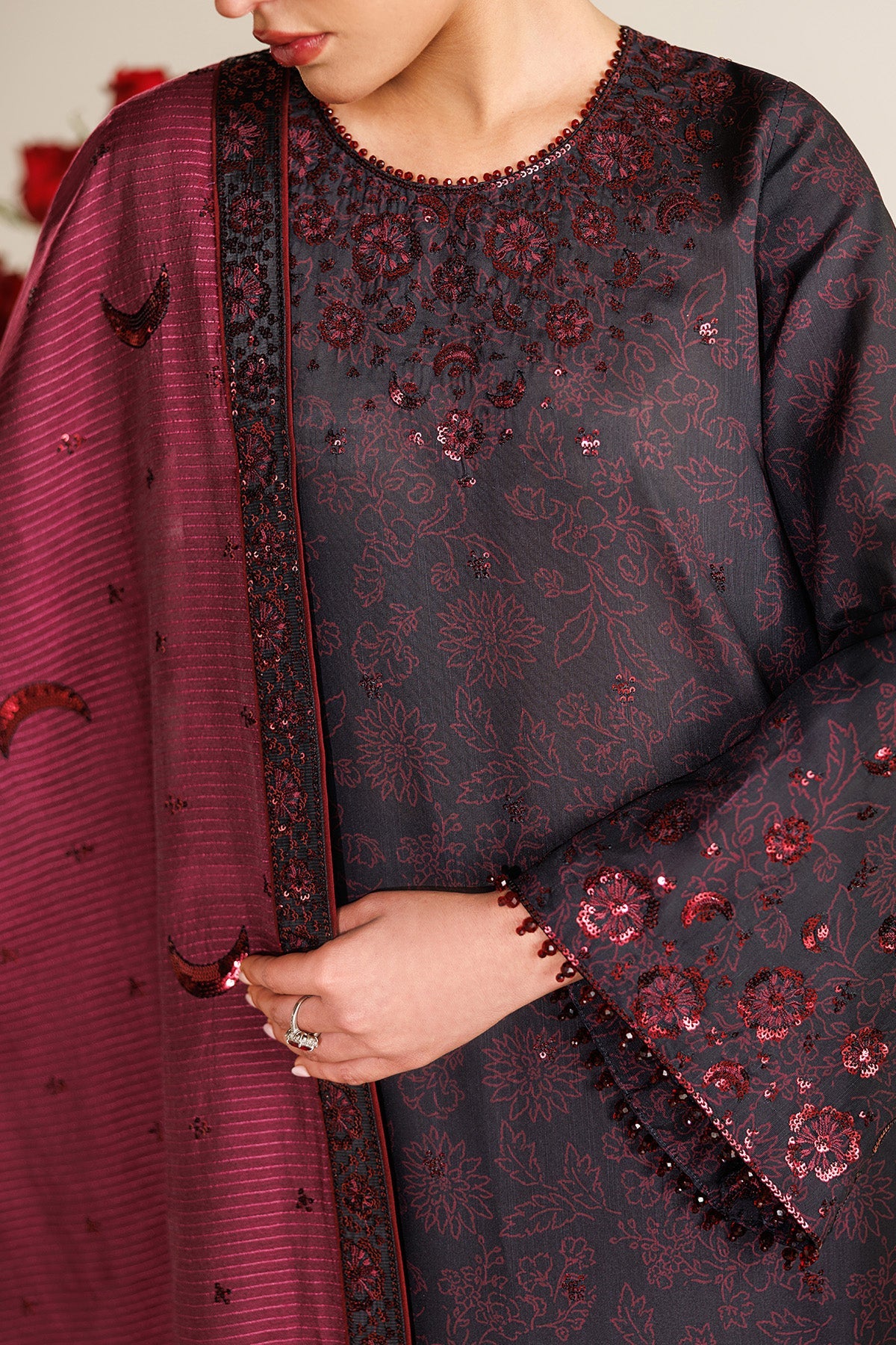 Women Wearing Embroidered Raw Silk UR-7068 Plum Short Shirt for Wedding Events - Pakistani Designer Wear for Women in UK | Kifat