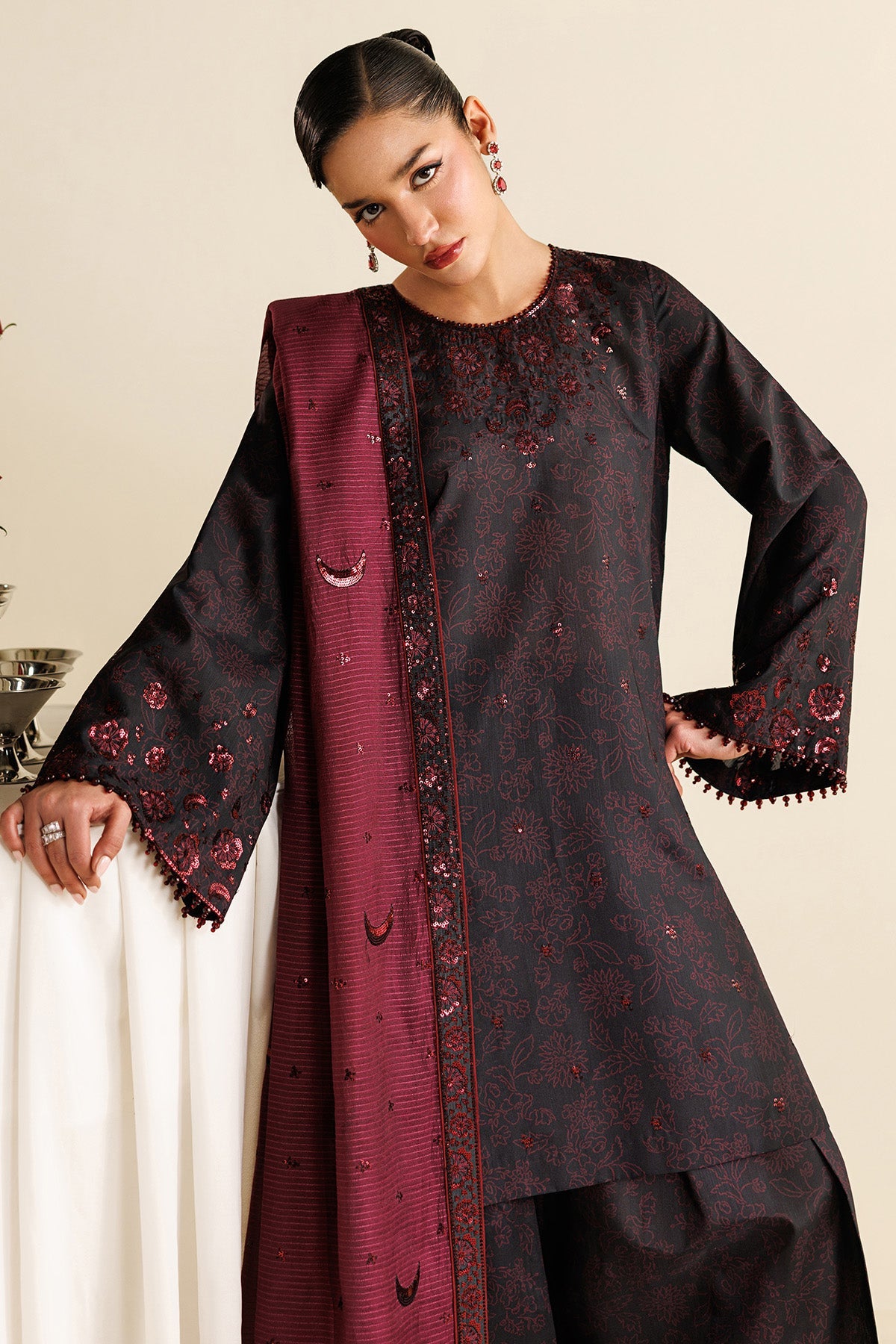 Women Wearing Embroidered Raw Silk UR-7068 Plum Short Shirt for Wedding Events - Pakistani Designer Wear for Women in UK | Kifat
