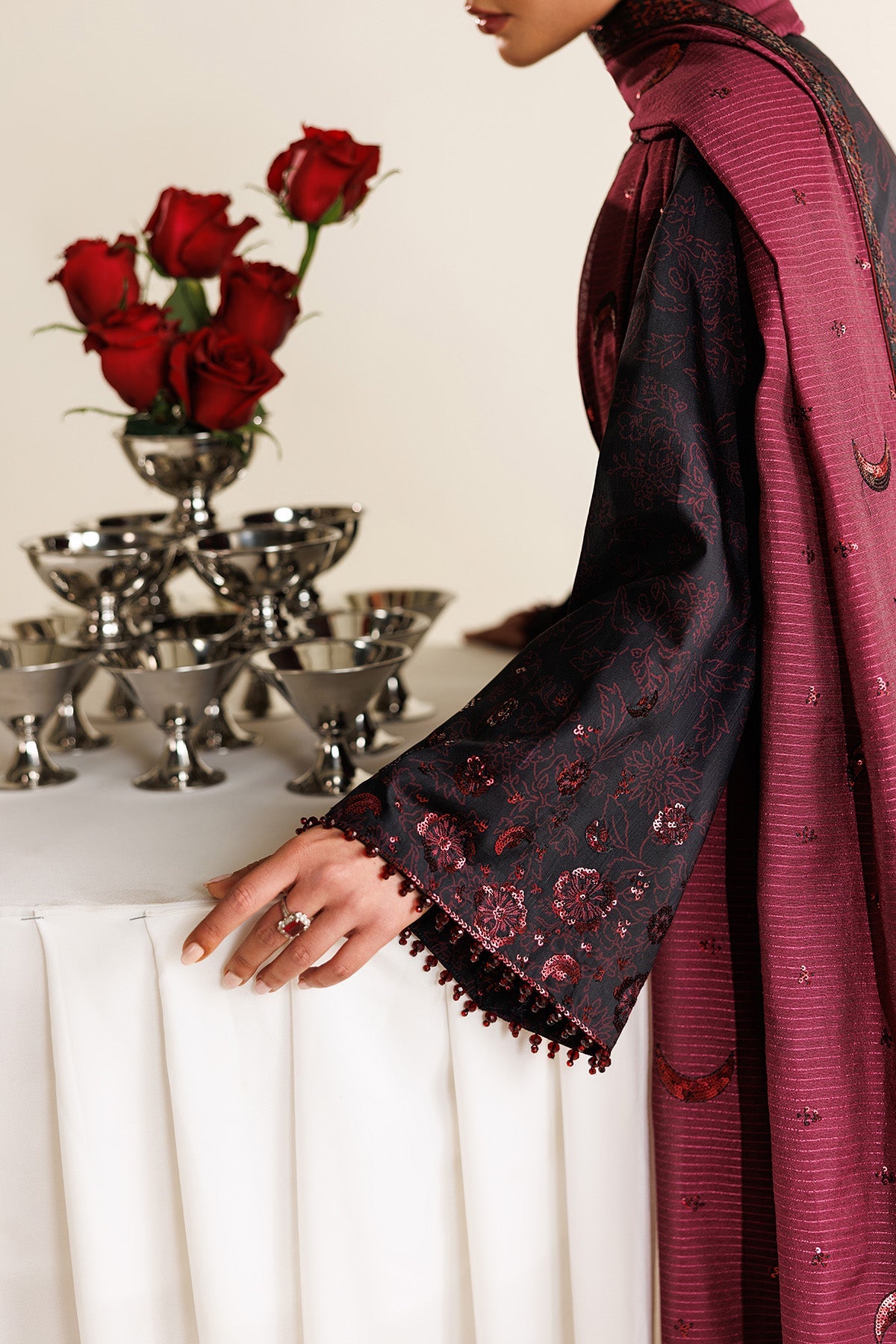 Women Wearing Embroidered Raw Silk UR-7068 Plum Short Shirt for Wedding Events - Pakistani Designer Wear for Women in UK | Kifat