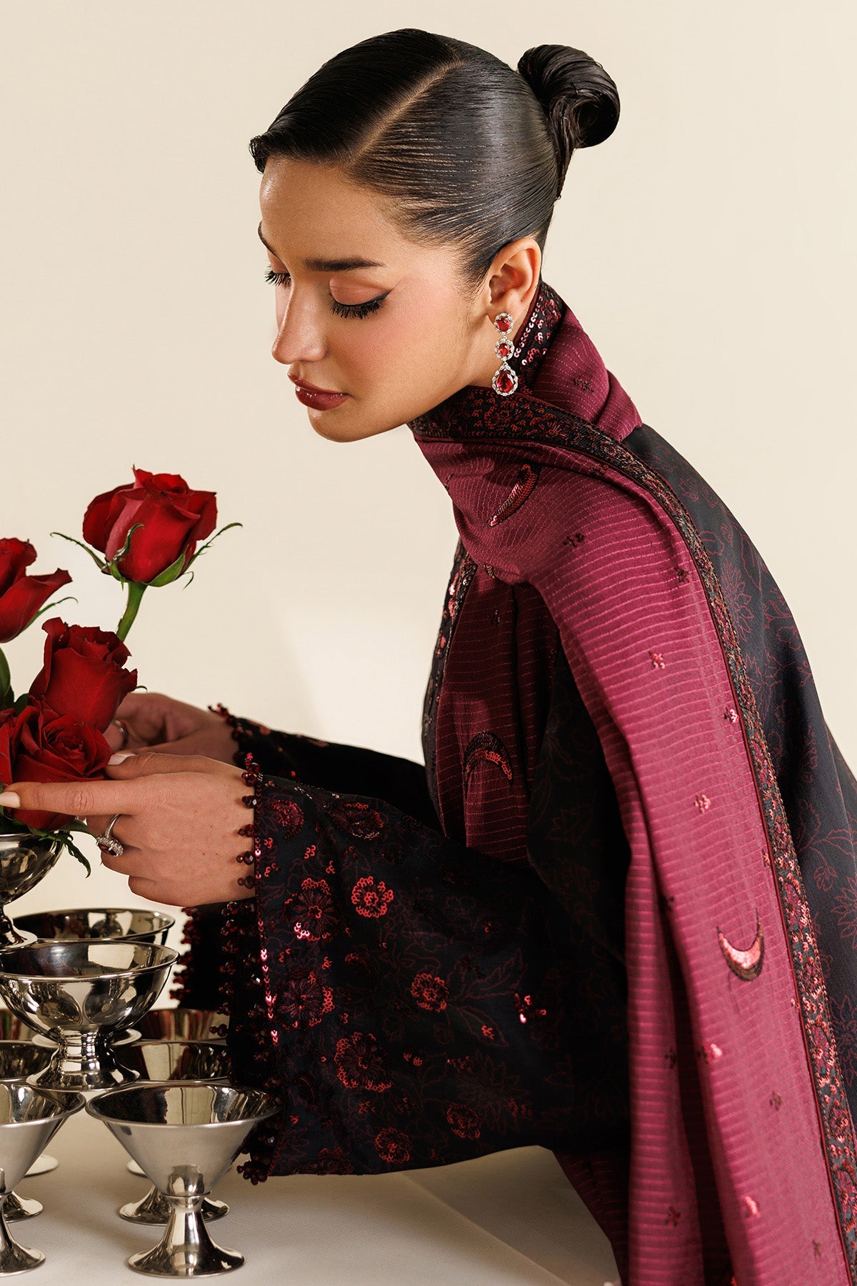 Women Wearing Embroidered Raw Silk UR-7068 Plum Short Shirt for Wedding Events - Pakistani Designer Wear for Women in UK | Kifat