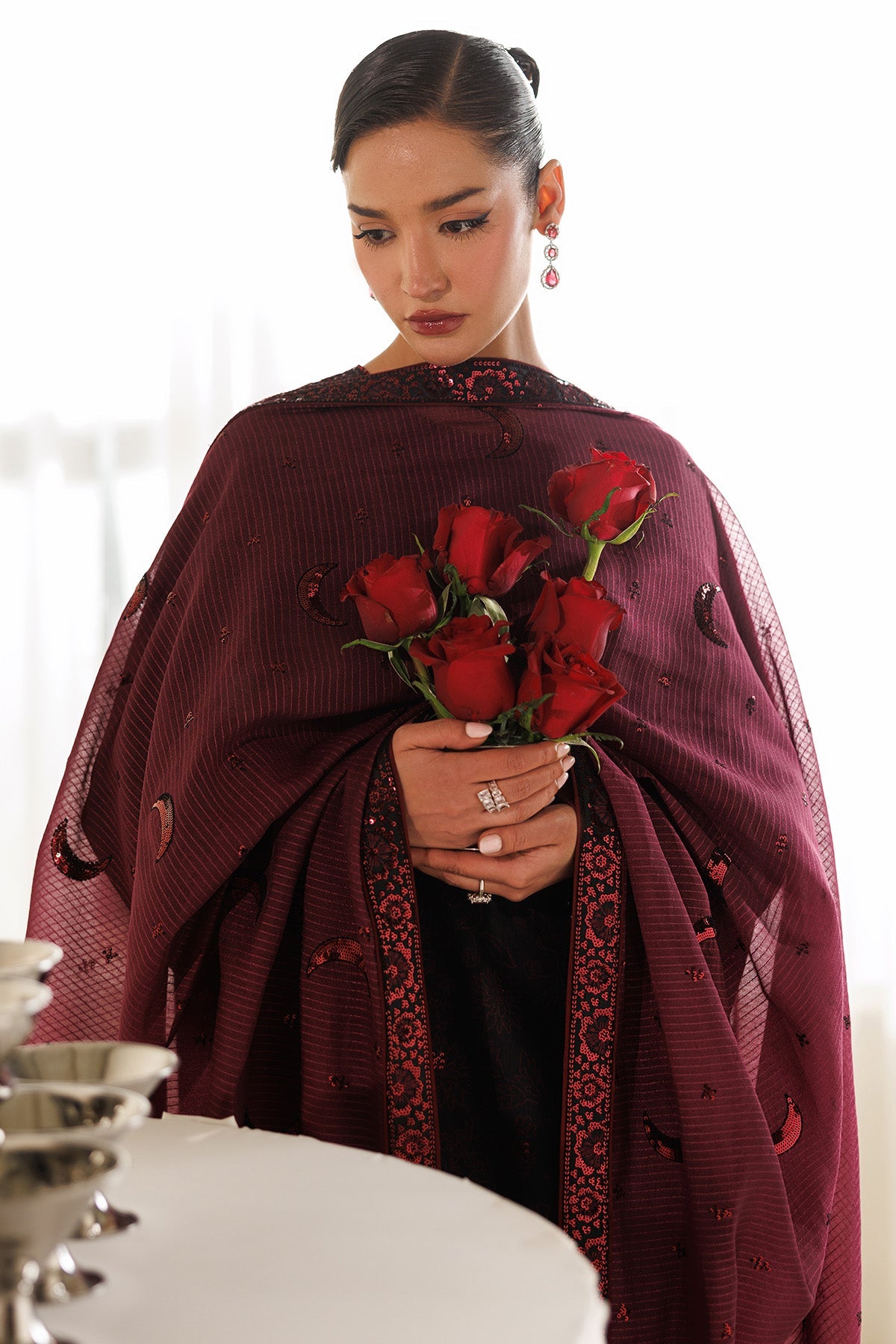 Women Wearing Embroidered Raw Silk UR-7068 Plum Short Shirt for Wedding Events - Pakistani Designer Wear for Women in UK | Kifat