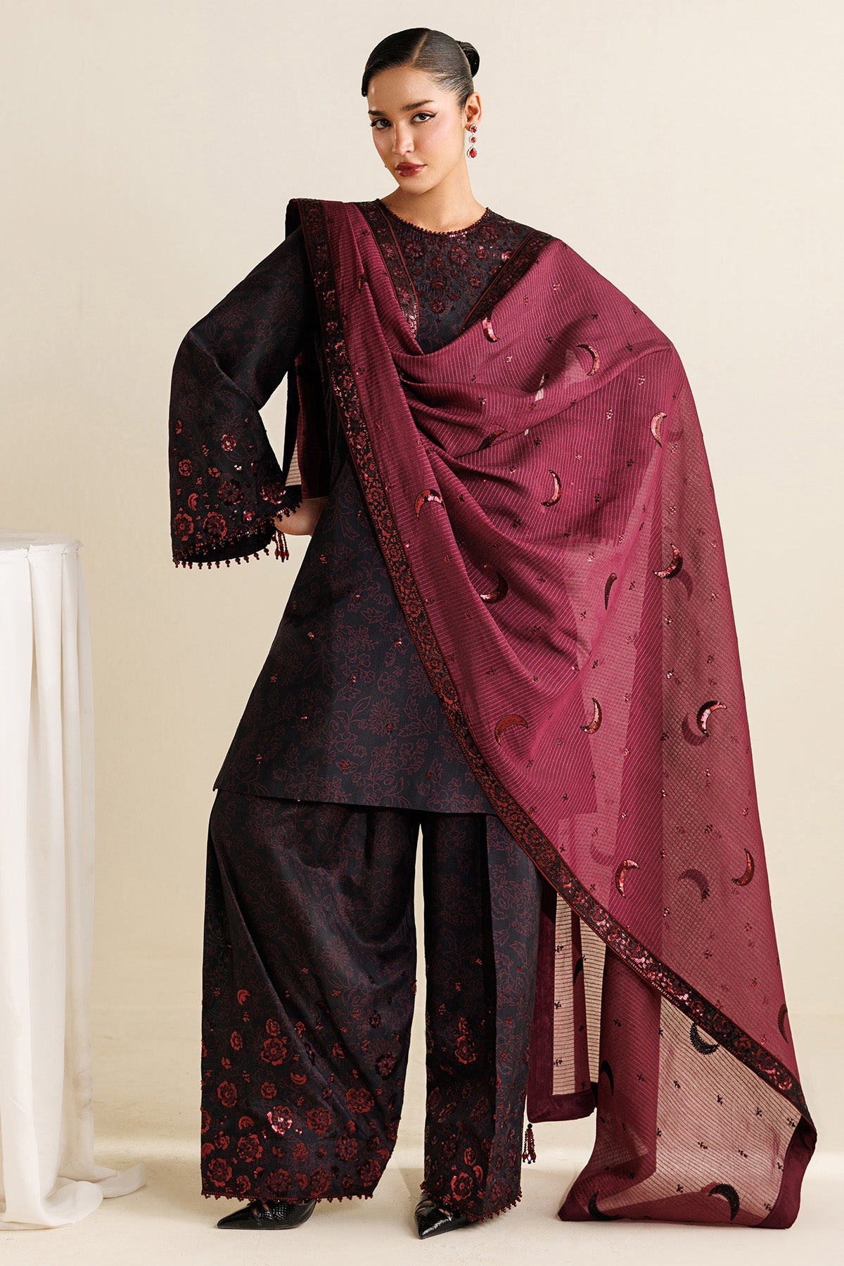 Women Wearing Embroidered Raw Silk UR-7068 Plum Short Shirt for Wedding Events - Pakistani Designer Wear for Women in UK | Kifat