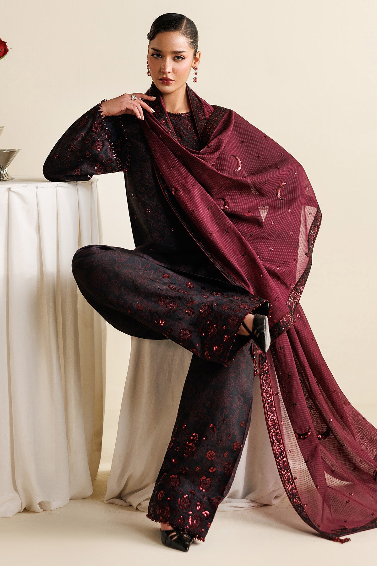 Women Wearing Embroidered Raw Silk UR-7068 Plum Short Shirt for Wedding Events - Pakistani Designer Wear for Women in UK | Kifat