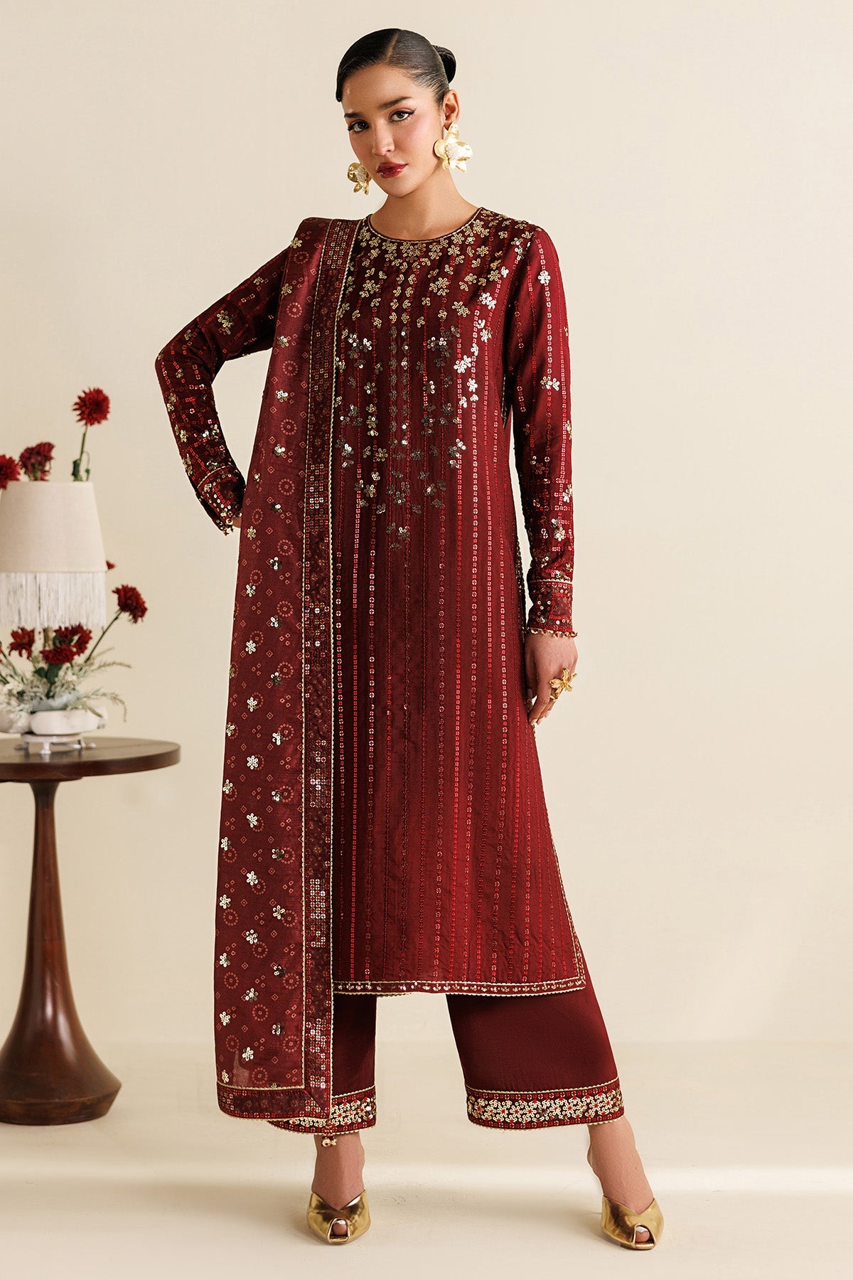 Women Wearing Embroidered Raw Silk UR-7070 Rust Long Shirt for Wedding Events - Pakistani Designer Wear for Women in UK | Kifat