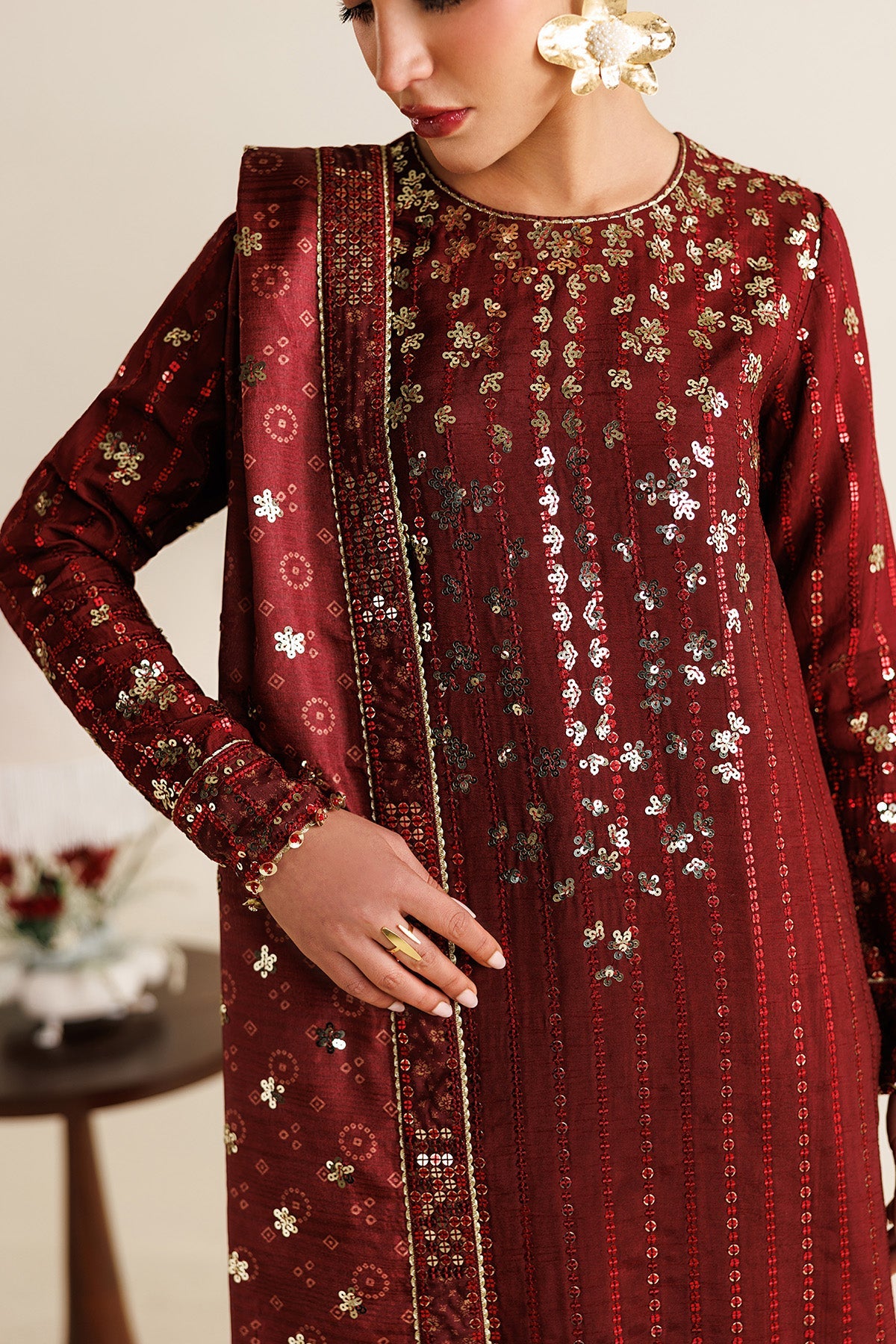 Women Wearing Embroidered Raw Silk UR-7070 Rust Long Shirt for Wedding Events - Pakistani Designer Wear for Women in UK | Kifat