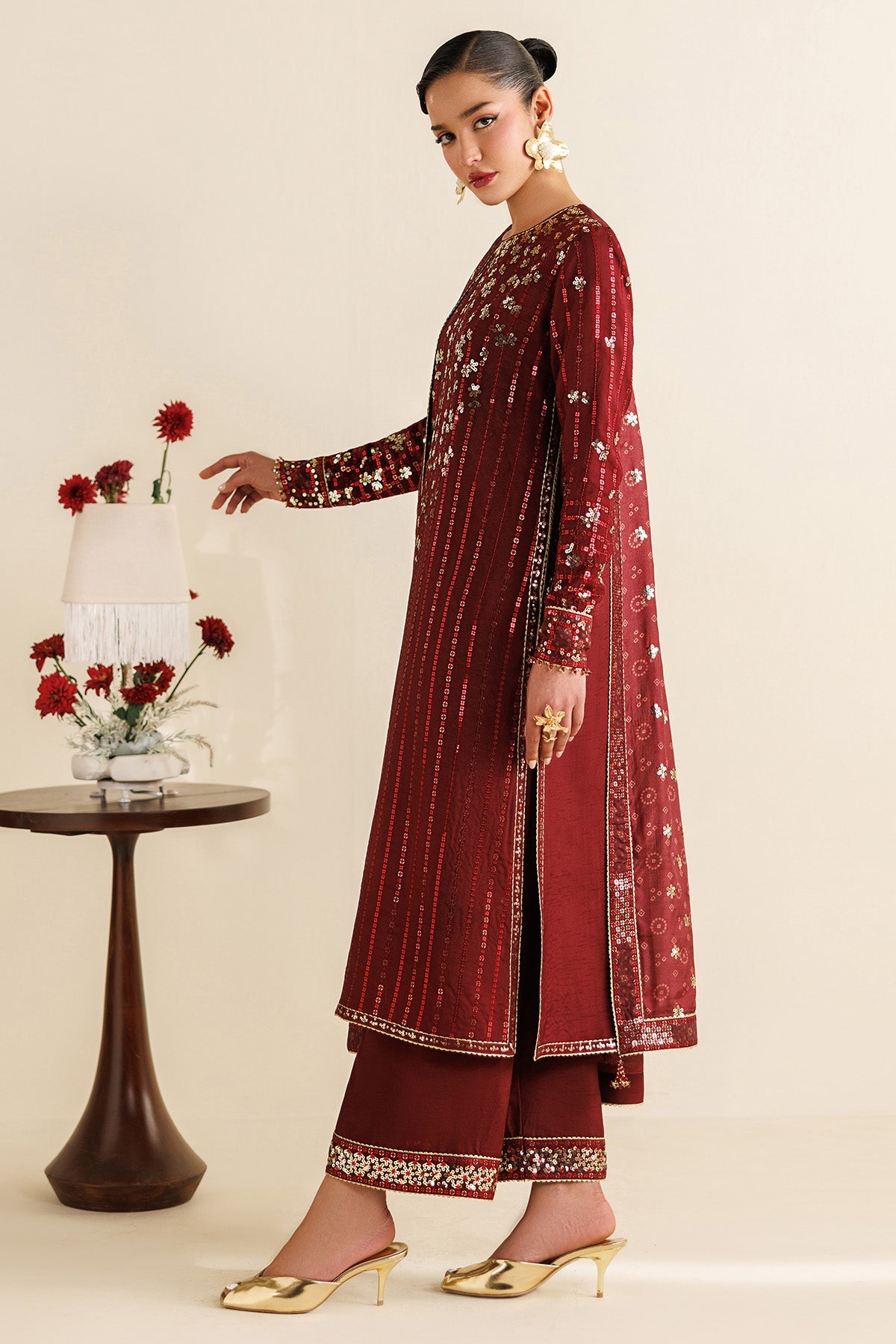 Women Wearing Embroidered Raw Silk UR-7070 Rust Long Shirt for Wedding Events - Pakistani Designer Wear for Women in UK | Kifat