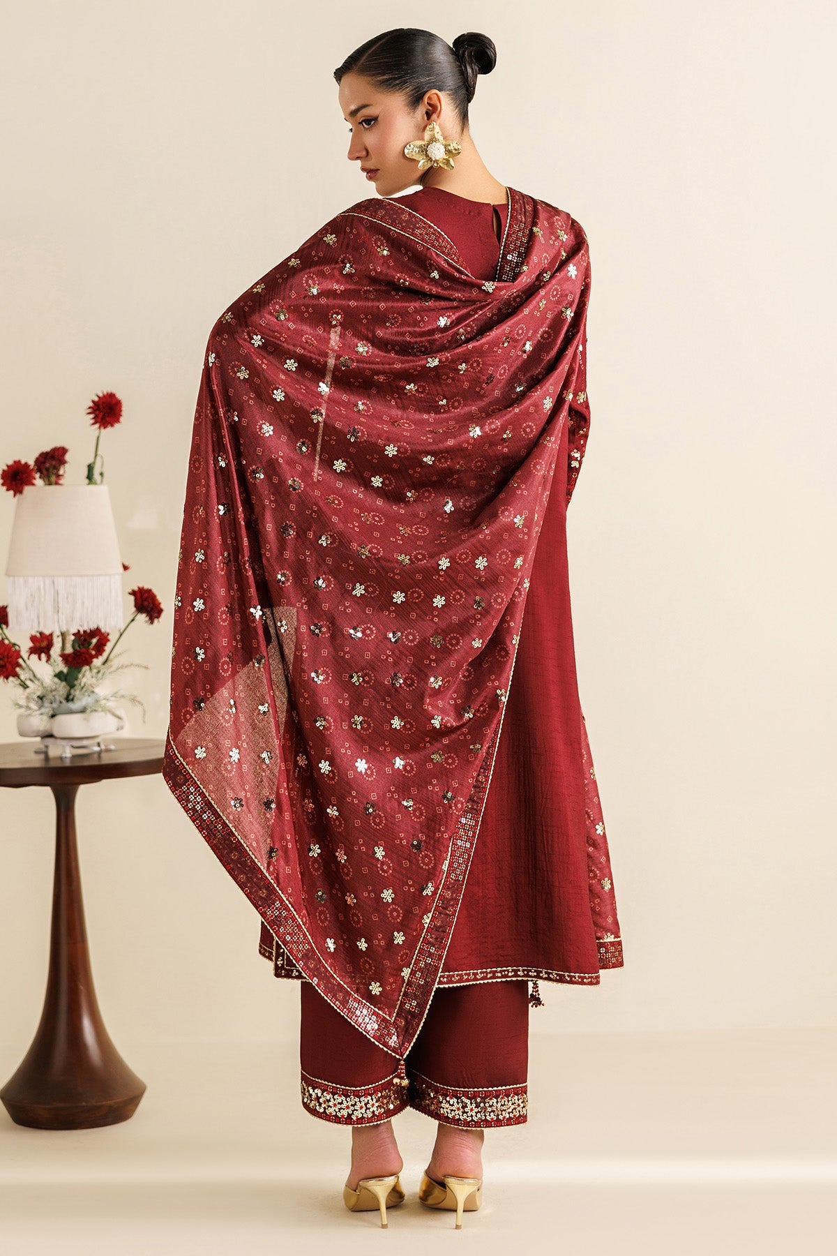Women Wearing Embroidered Raw Silk UR-7070 Rust Long Shirt for Wedding Events - Pakistani Designer Wear for Women in UK | Kifat