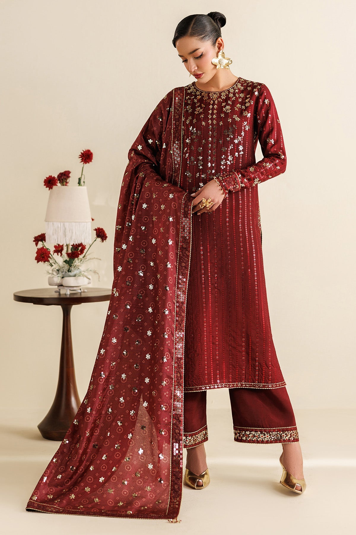 Women Wearing Embroidered Raw Silk UR-7070 Rust Long Shirt for Wedding Events - Pakistani Designer Wear for Women in UK | Kifat